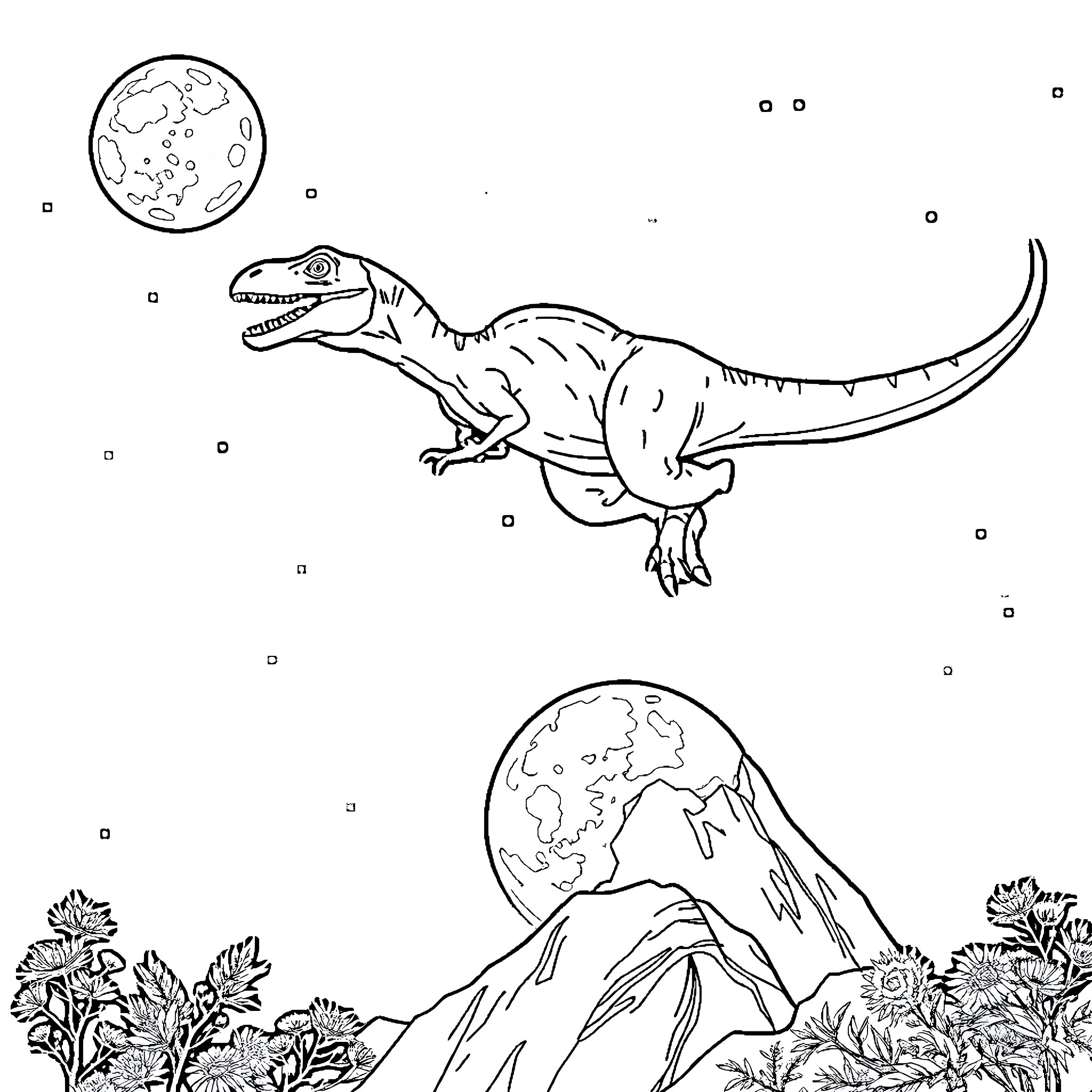 Velociraptor hunting in a prehistoric landscape Coloring Page (free black-and-white line drawing printable PDF for all, from beginners to advanced learners, including children, teens, adults, and seniors)
