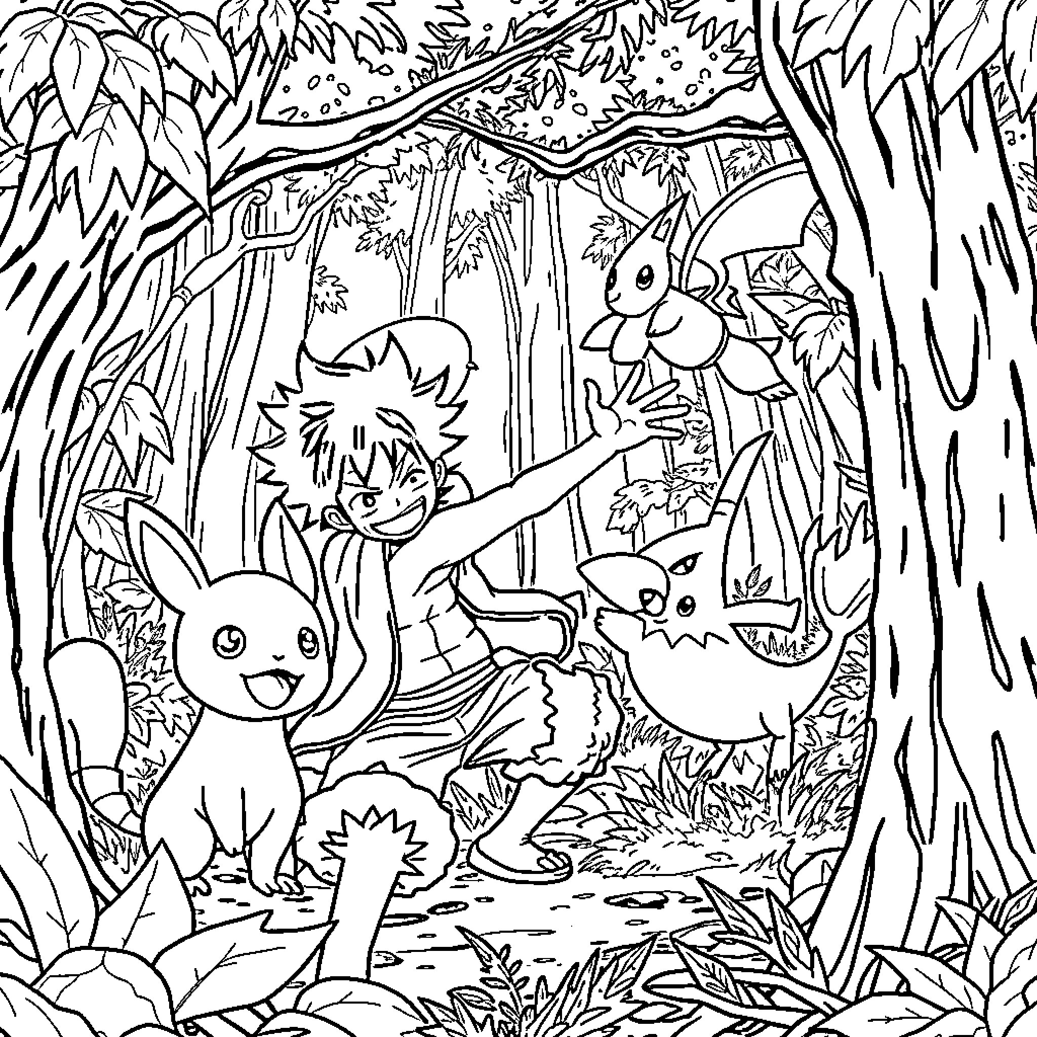 Luffy's Adventure in the Enchanted Forest Coloring Page (free black-and-white line drawing printable PDF for all, from beginners to advanced learners, including children, teens, adults, and seniors)