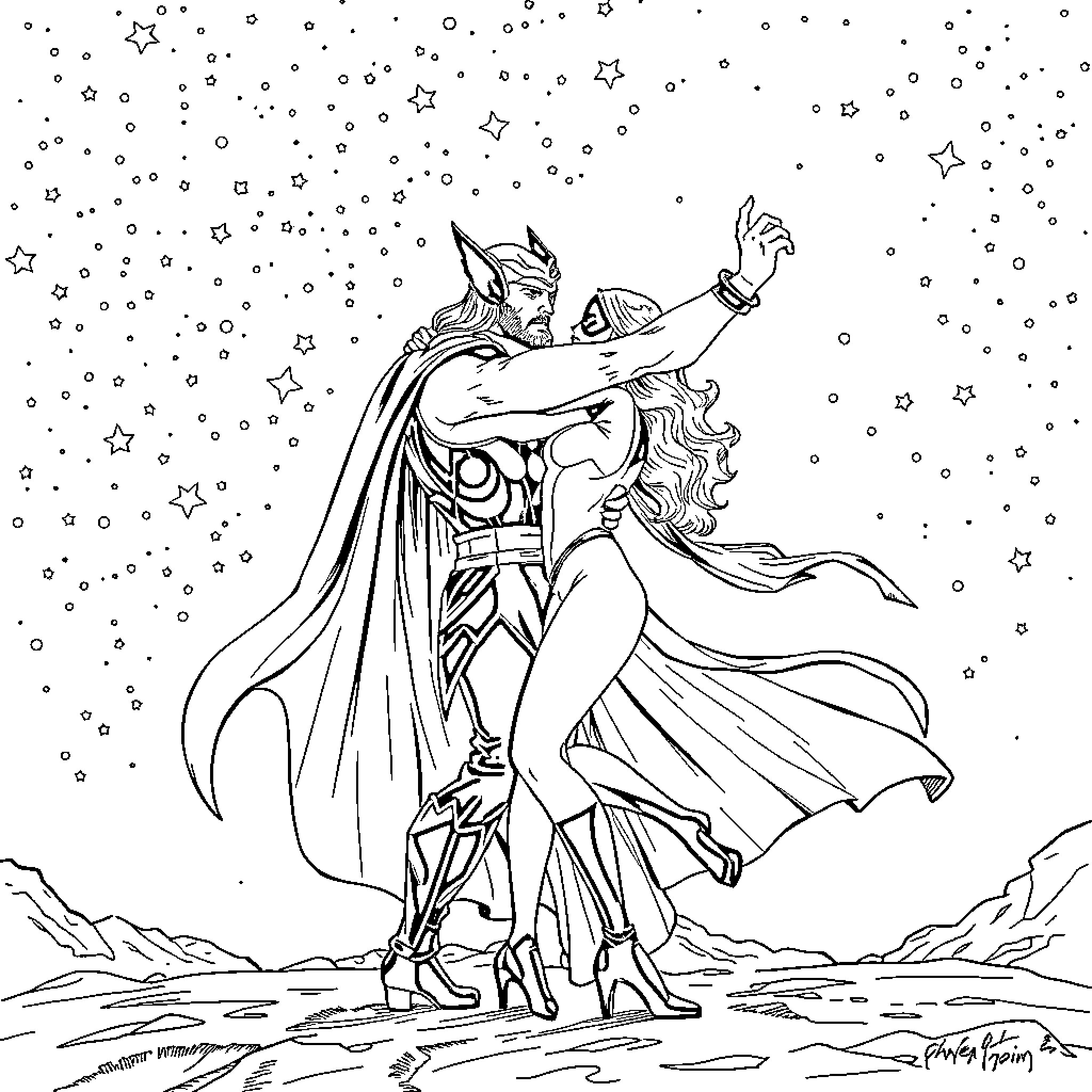 Thor and Valkyrie battling under the stars Coloring Page (free black-and-white line drawing printable PDF for all, from beginners to advanced learners, including children, teens, adults, and seniors)