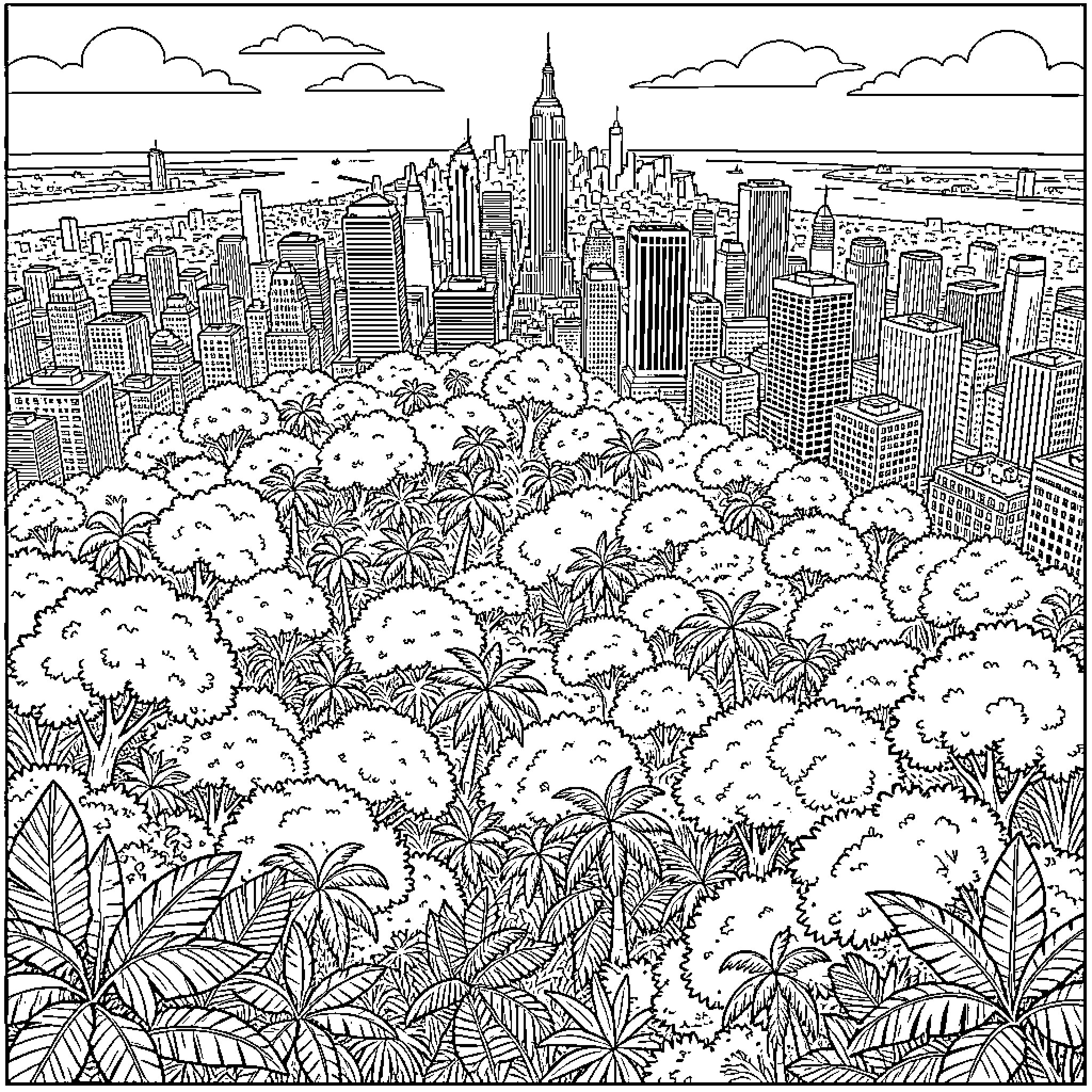 Jungle trees growing amidst a dense urban cityscape Coloring Page (free black-and-white line drawing printable PDF for all, from beginners to advanced learners, including children, teens, adults, and seniors)