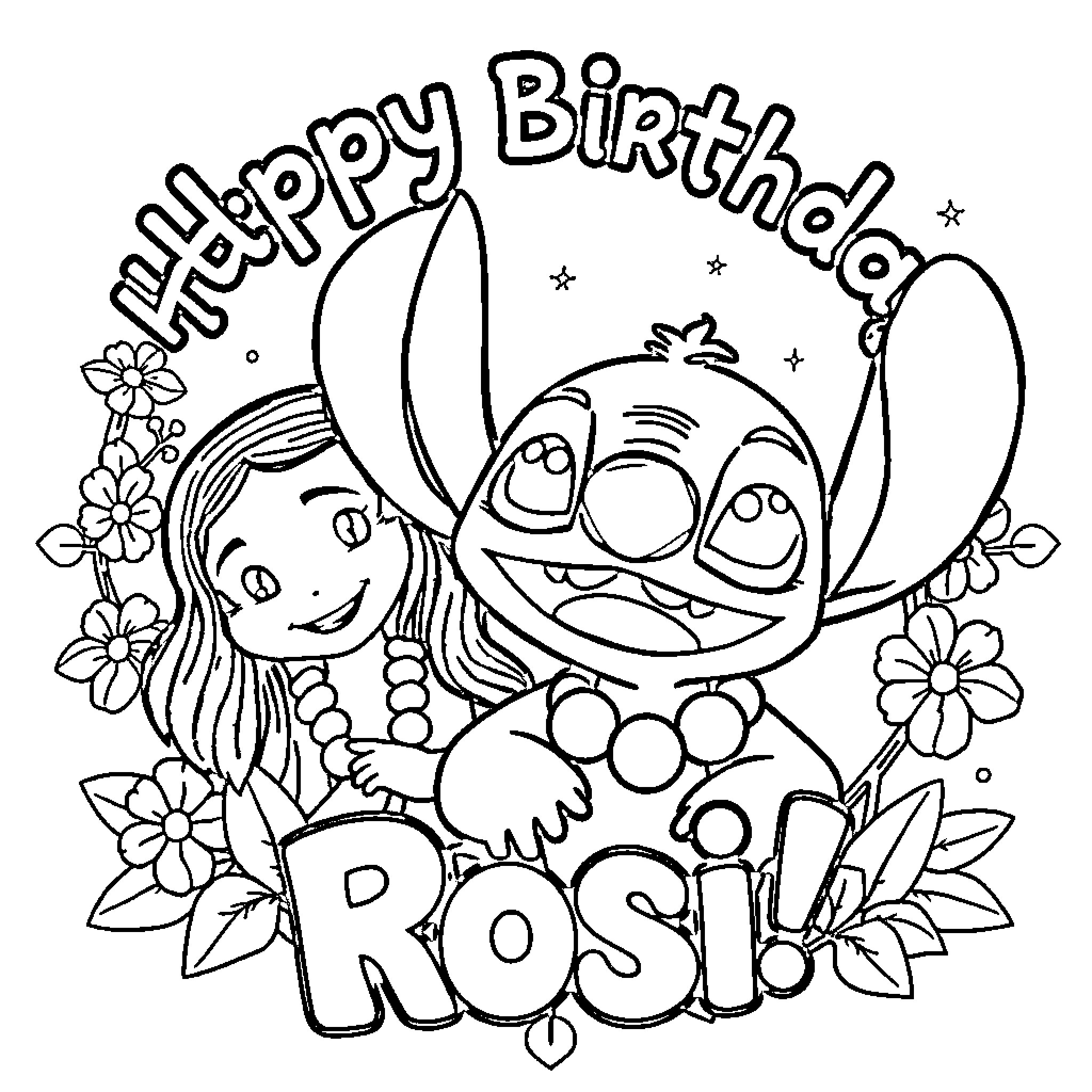 Lilo And Stitch Celebrating a Happy Birthday Coloring Page (free black-and-white line drawing printable PDF for all, from beginners to advanced learners, including children, teens, adults, and seniors)