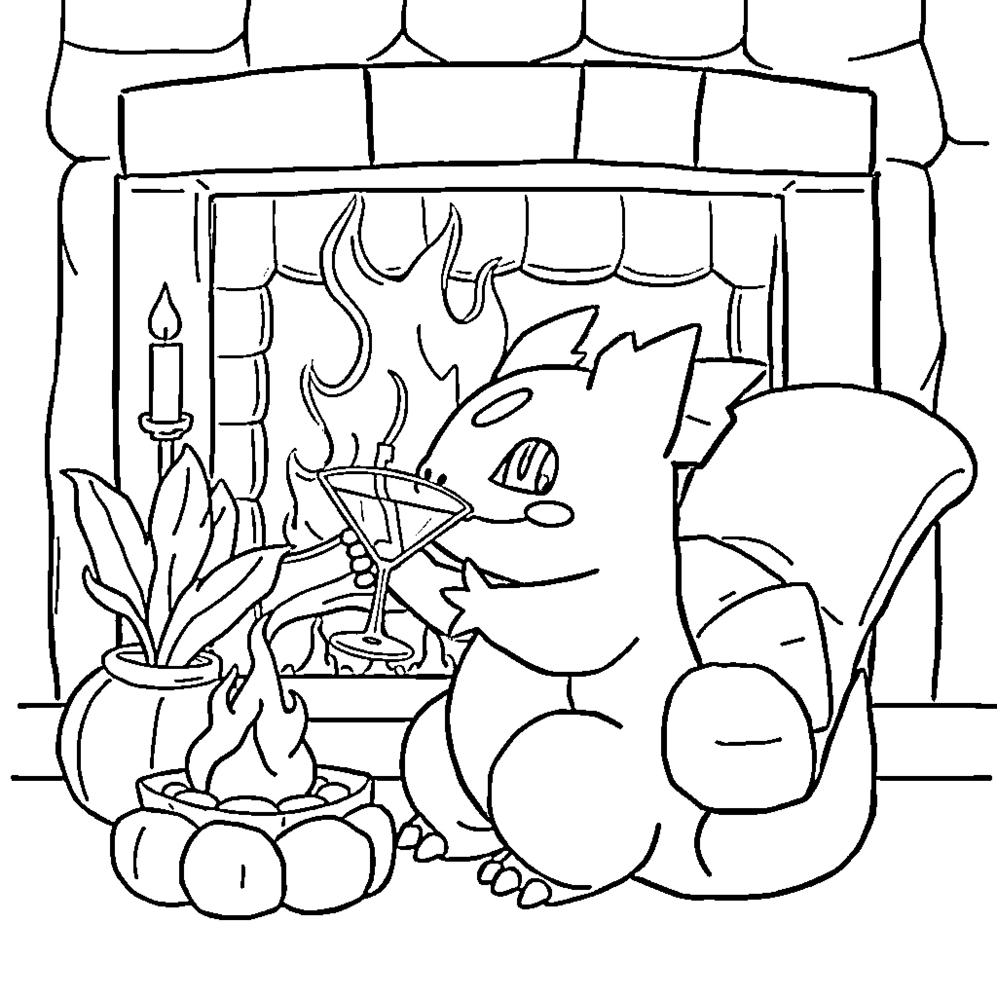Bulbasaur enjoying a cozy fireplace scene Coloring Page (free black-and-white line drawing printable PDF for all, from beginners to advanced learners, including children, teens, adults, and seniors)