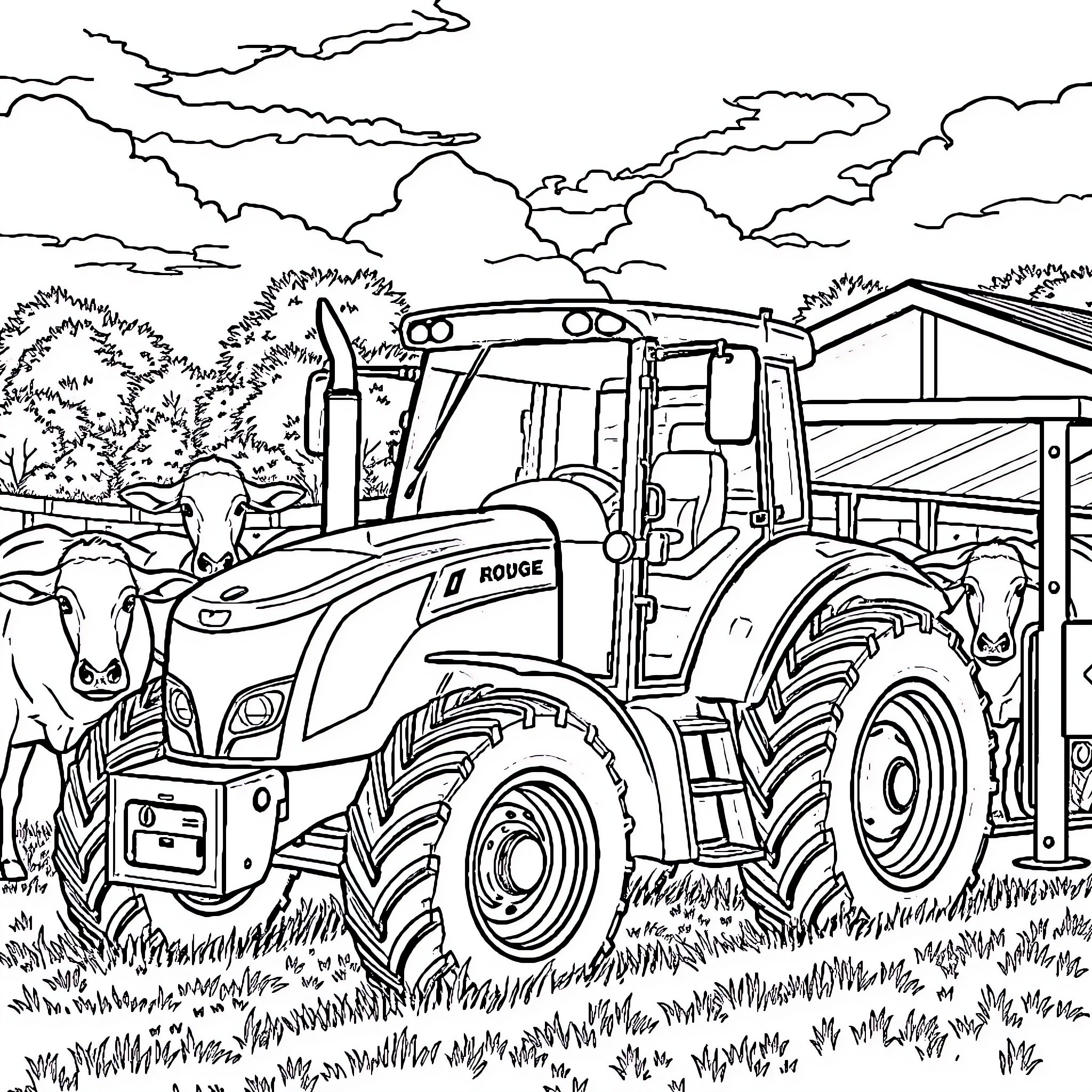 Tractor working in the countryside landscape Coloring Page (free black-and-white line drawing printable PDF for all, from beginners to advanced learners, including children, teens, adults, and seniors)