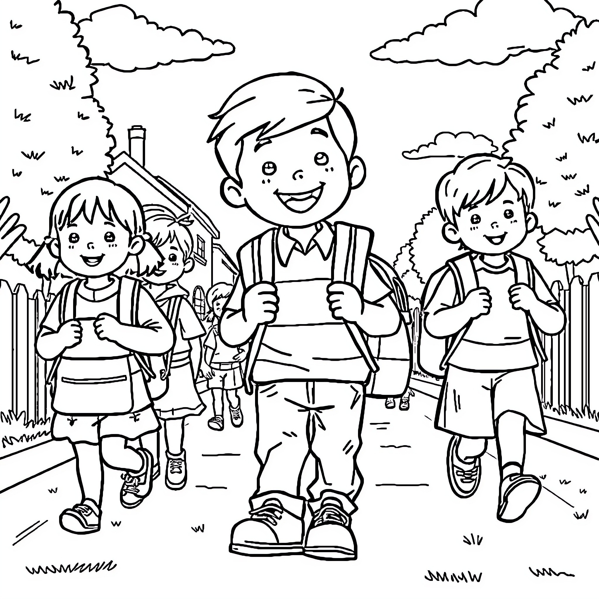 Boy Walks with Friends on Country Road Coloring Page (free black-and-white line drawing printable PDF for all, from beginners to advanced learners, including children, teens, adults, and seniors)