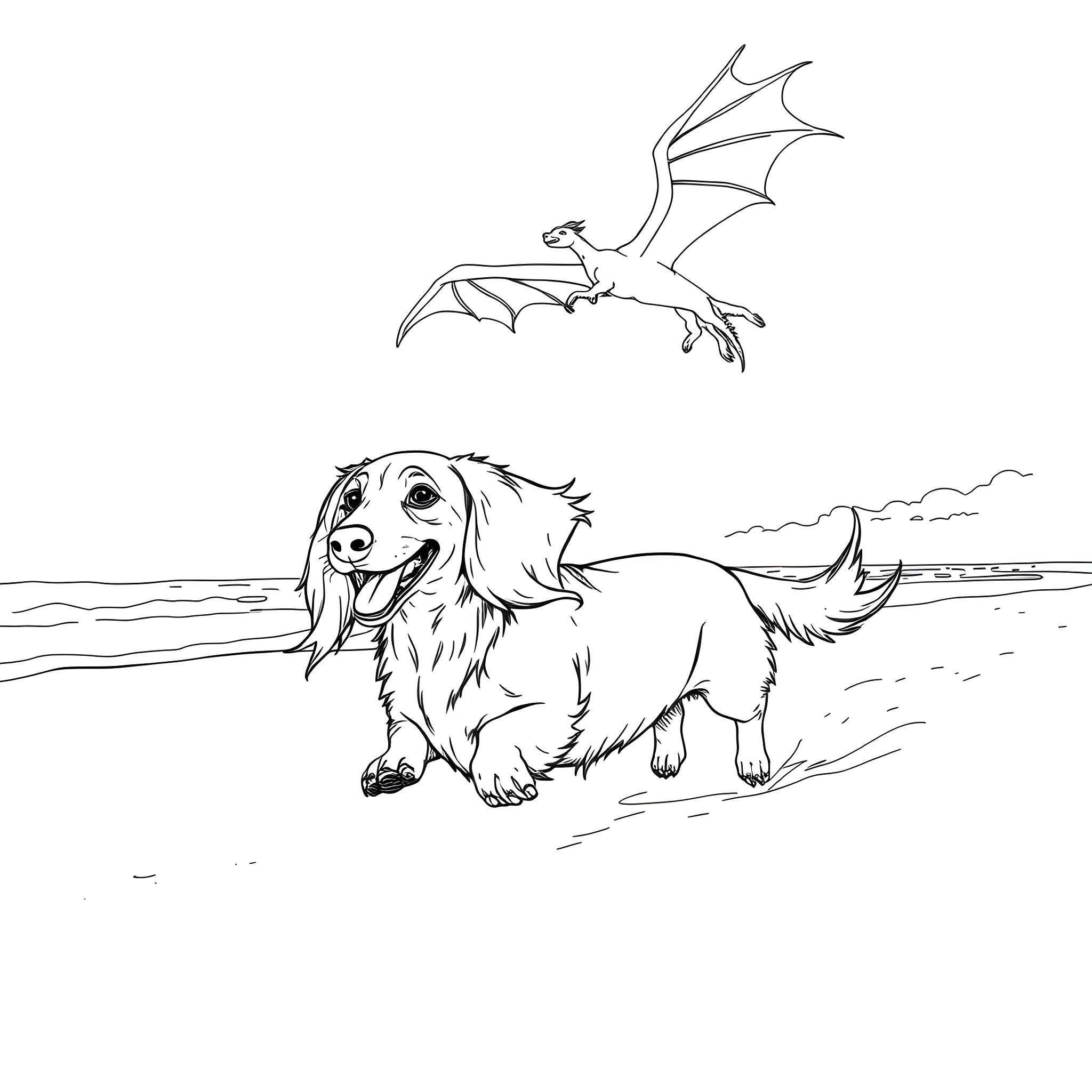 Dachshund playing happily on the beach with a dragon Coloring Page (free black-and-white line drawing printable PDF for all, from beginners to advanced learners, including children, teens, adults, and seniors)