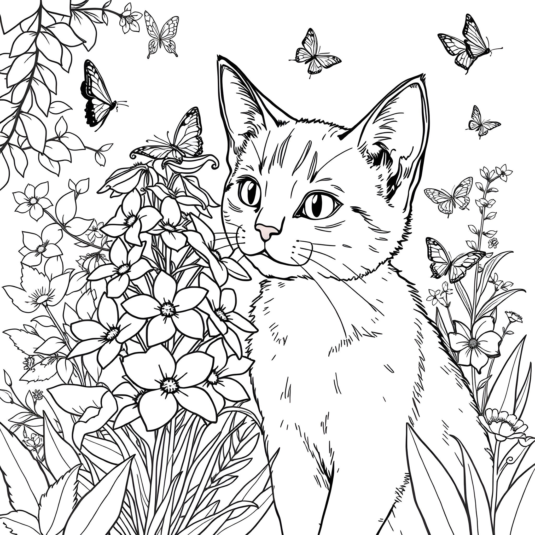 Cat in Floral Garden with Butterflies Coloring Page (free black-and-white line drawing printable PDF for all, from beginners to advanced learners, including children, teens, adults, and seniors)