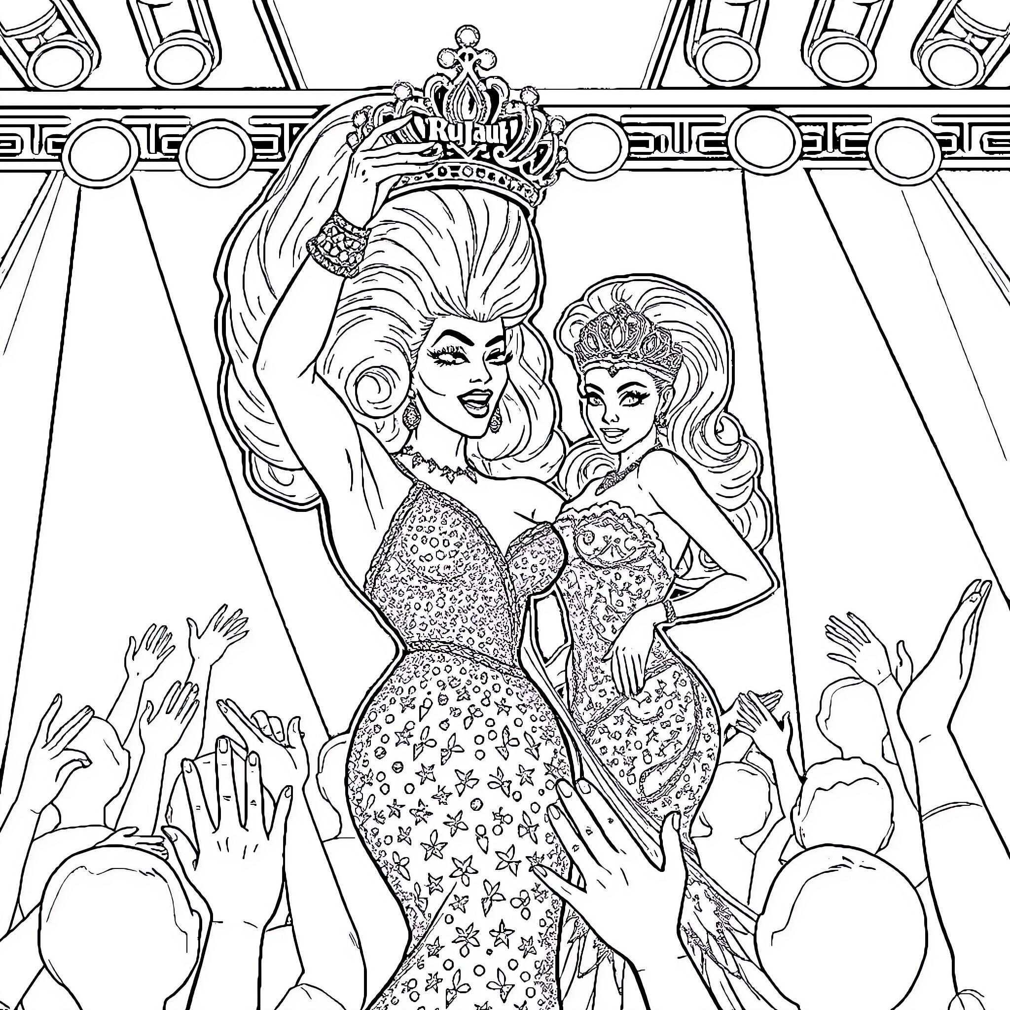 RuPaul's Glitzy Drag Queen Performance on Stage Coloring Page (free black-and-white line drawing printable PDF for all, from beginners to advanced learners, including children, teens, adults, and seniors)