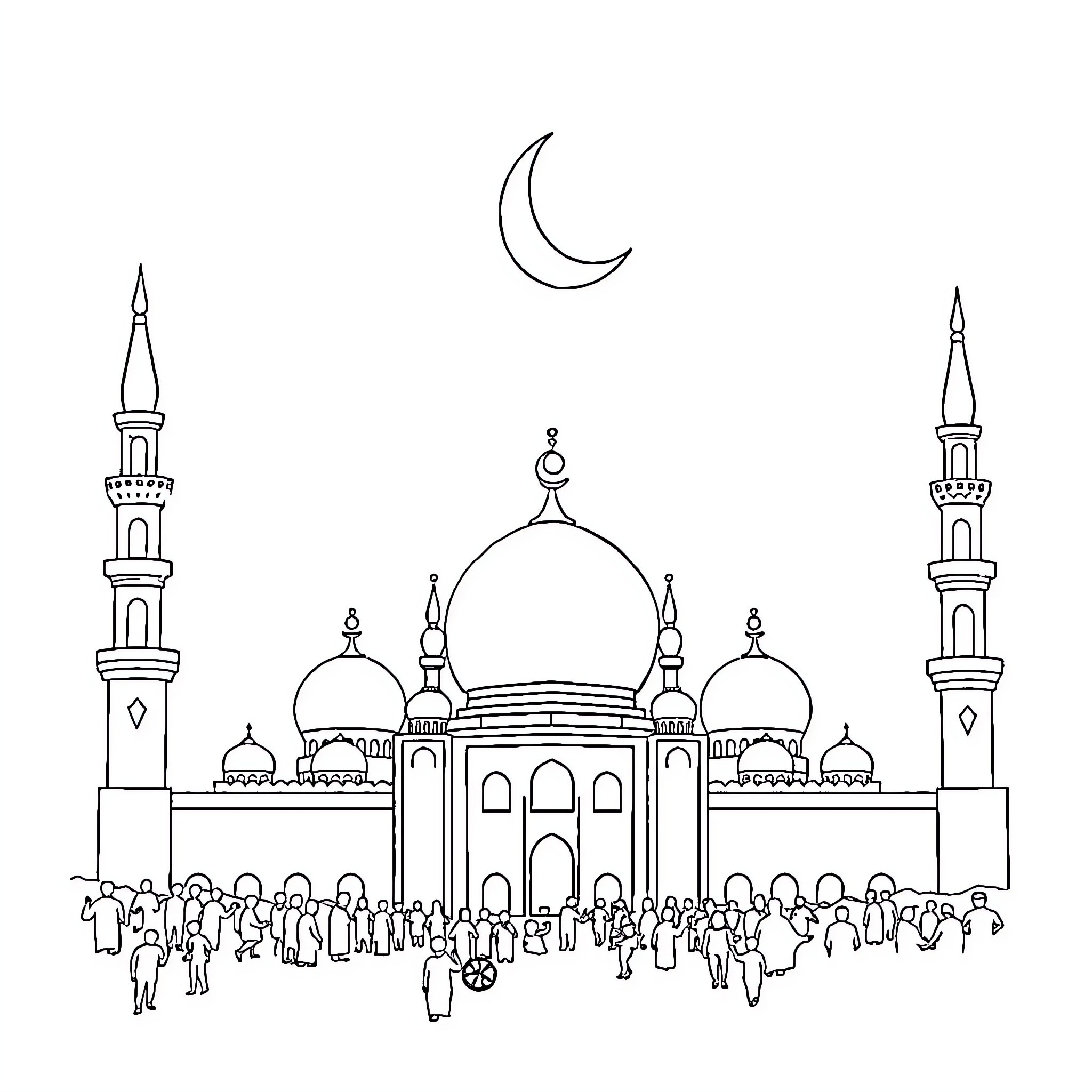 Islam's Congregation at Mosque During Worship Coloring Page (free black-and-white line drawing printable PDF for all, from beginners to advanced learners, including children, teens, adults, and seniors)