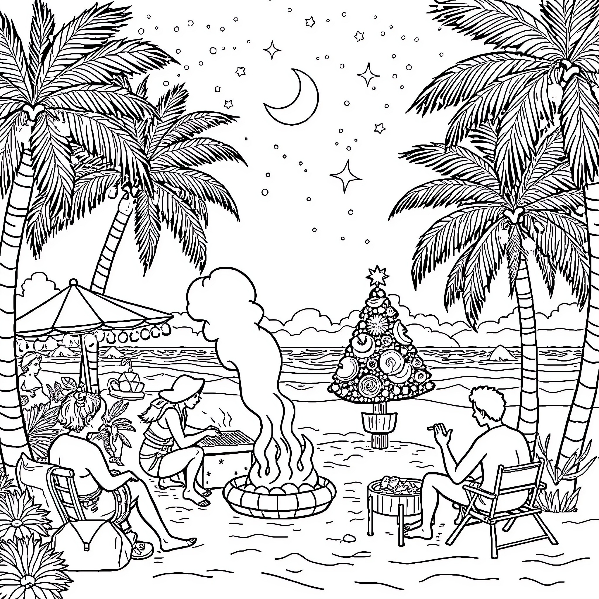 Christmas beach celebration with palm trees and stars Coloring Page (free black-and-white line drawing printable PDF for all, from beginners to advanced learners, including children, teens, adults, and seniors)