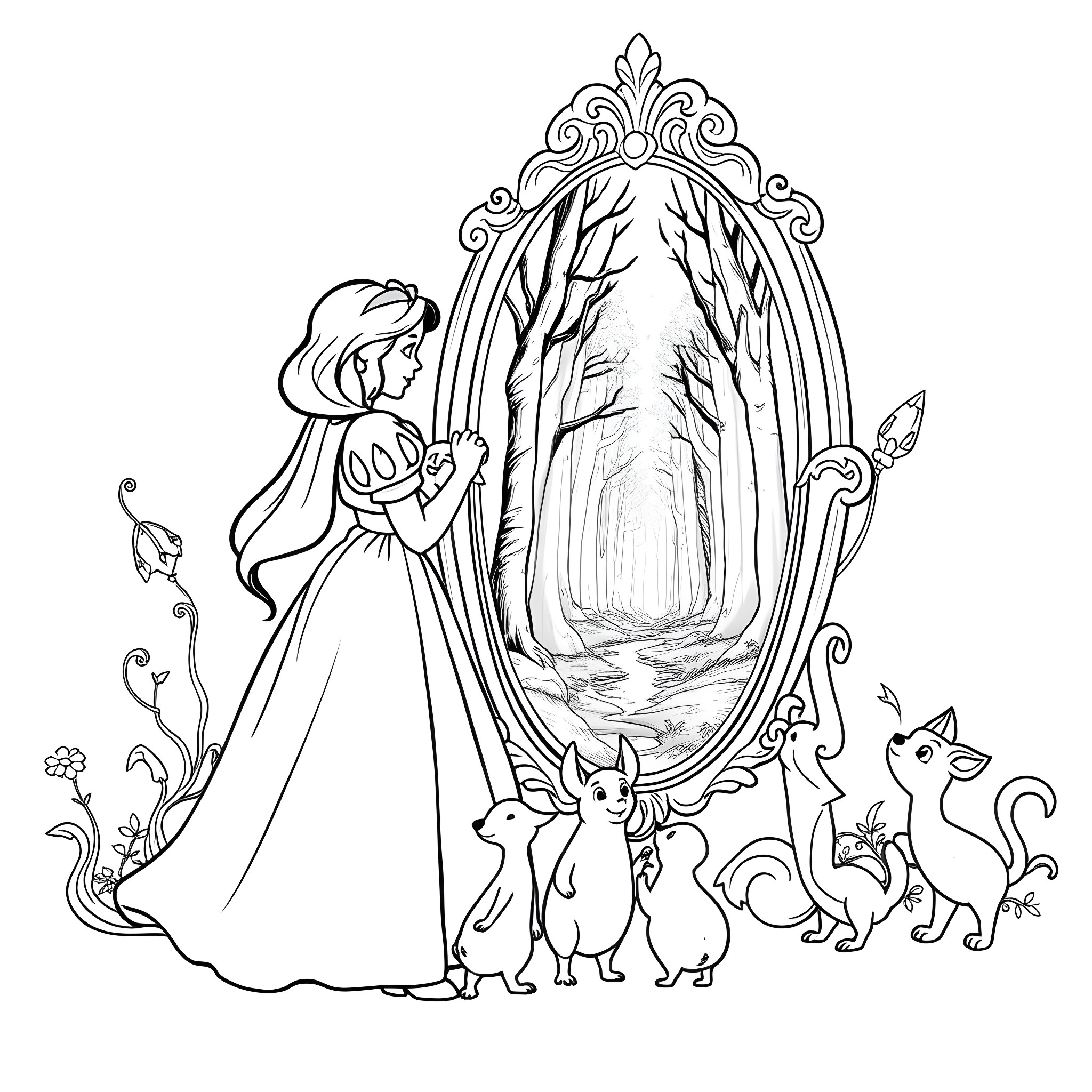 Magic Mirror Revealing a Fantastical Forest Scene Coloring Page (free black-and-white line drawing printable PDF for all, from beginners to advanced learners, including children, teens, adults, and seniors)