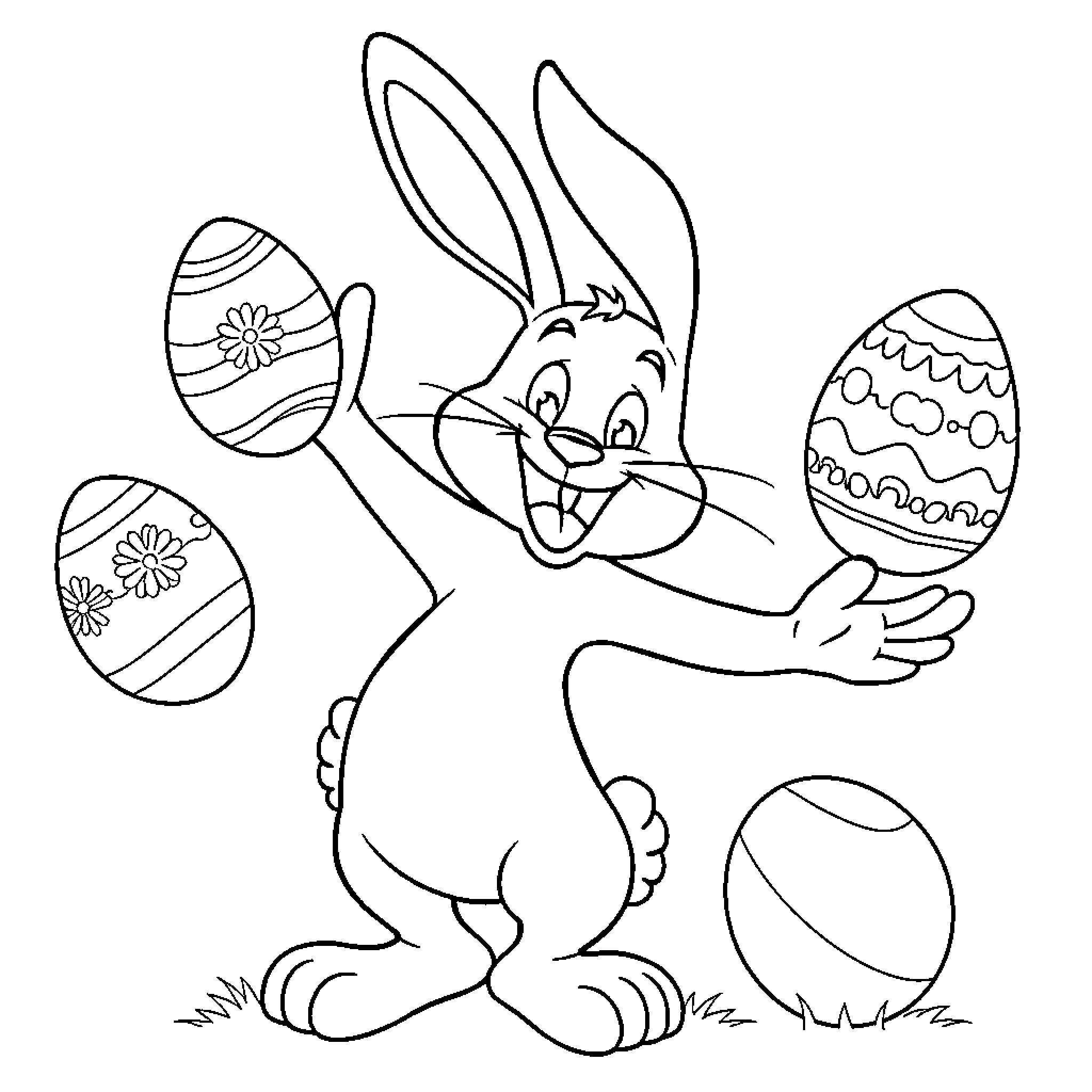 Easter Bunny juggling decorated eggs happily Coloring Page (free black-and-white line drawing printable PDF for all, from beginners to advanced learners, including children, teens, adults, and seniors)