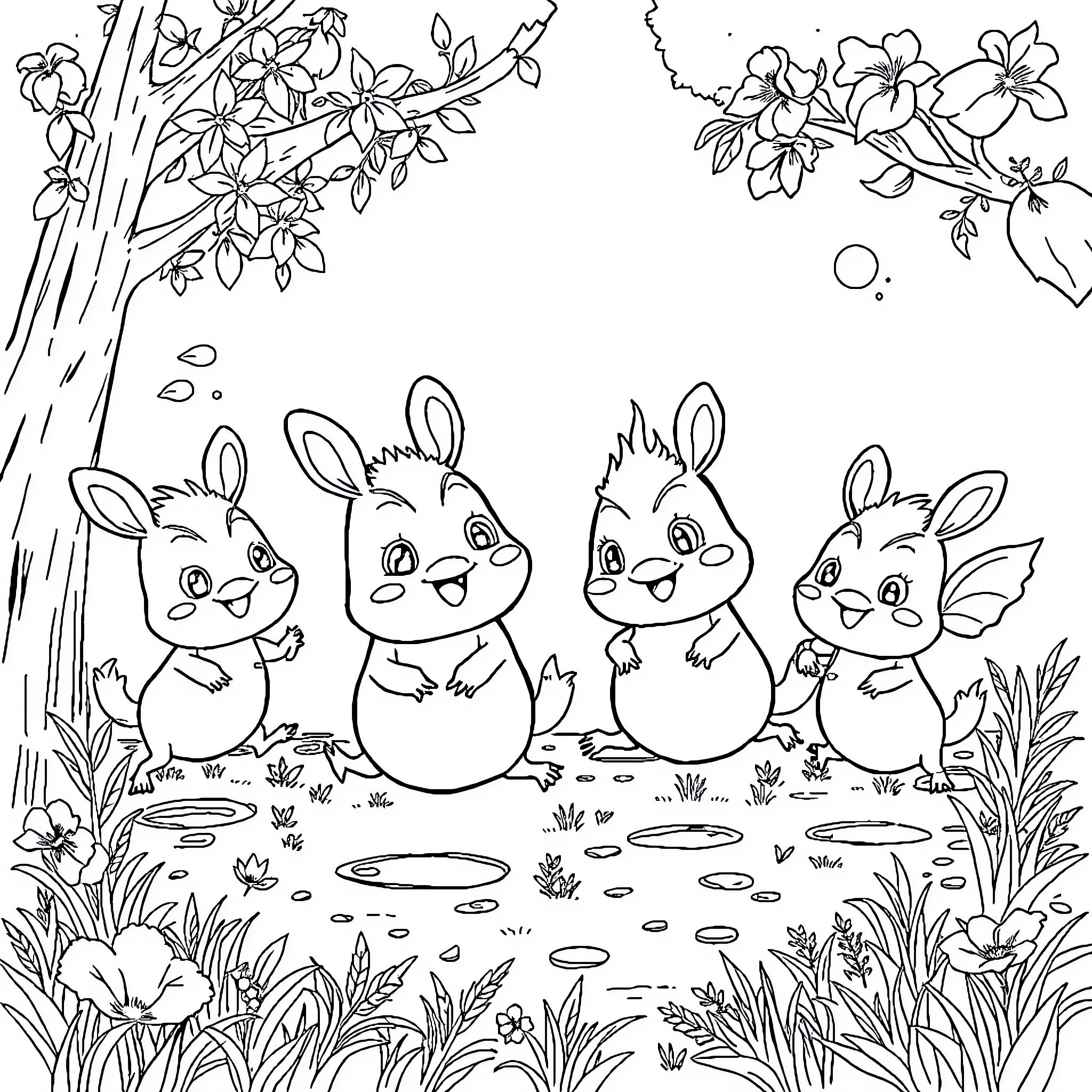 Labubu's Playful Gathering in the Floral Meadow Coloring Page (free black-and-white line drawing printable PDF for all, from beginners to advanced learners, including children, teens, adults, and seniors)