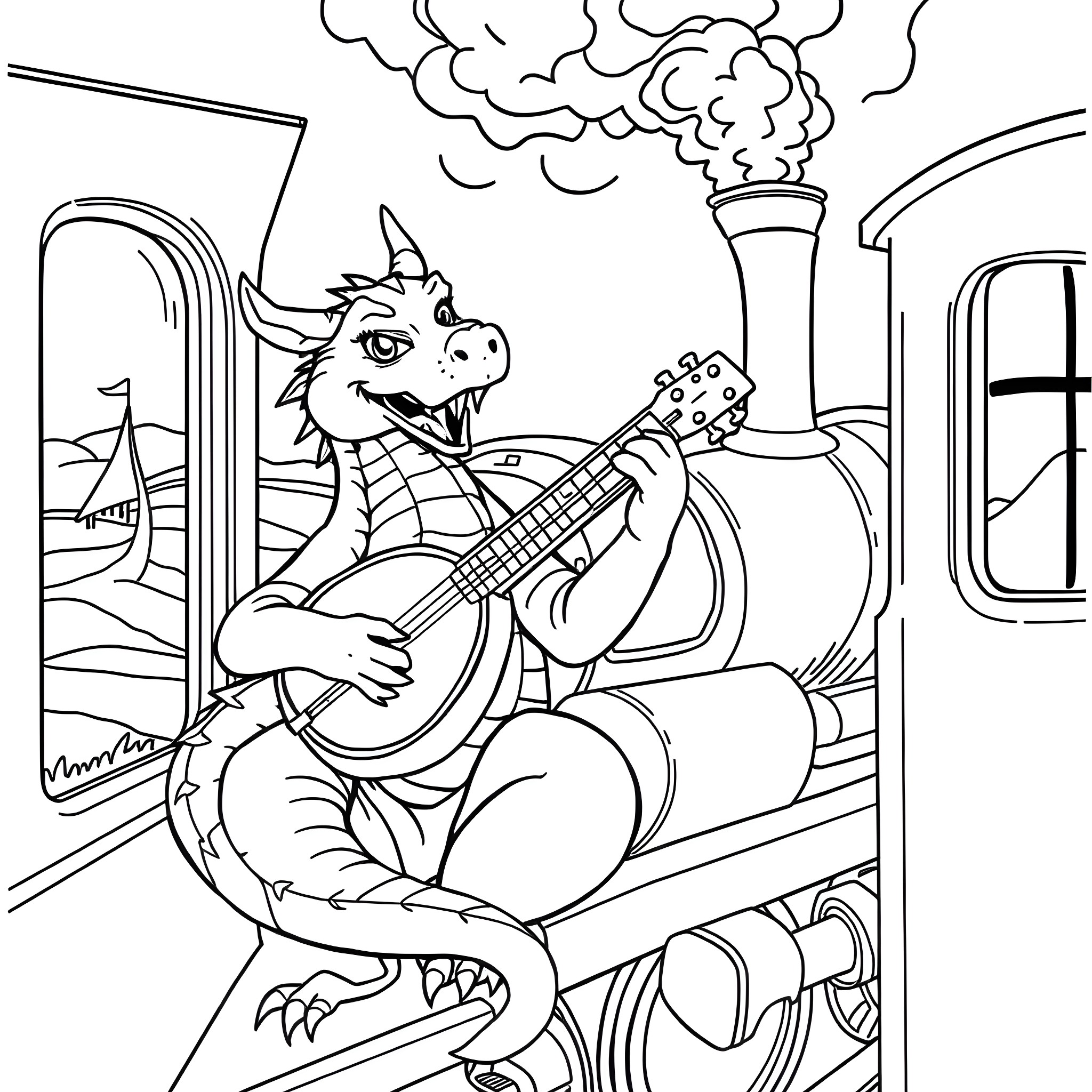 Dragon playing guitar in a train station Coloring Page (free black-and-white line drawing printable PDF for all, from beginners to advanced learners, including children, teens, adults, and seniors)