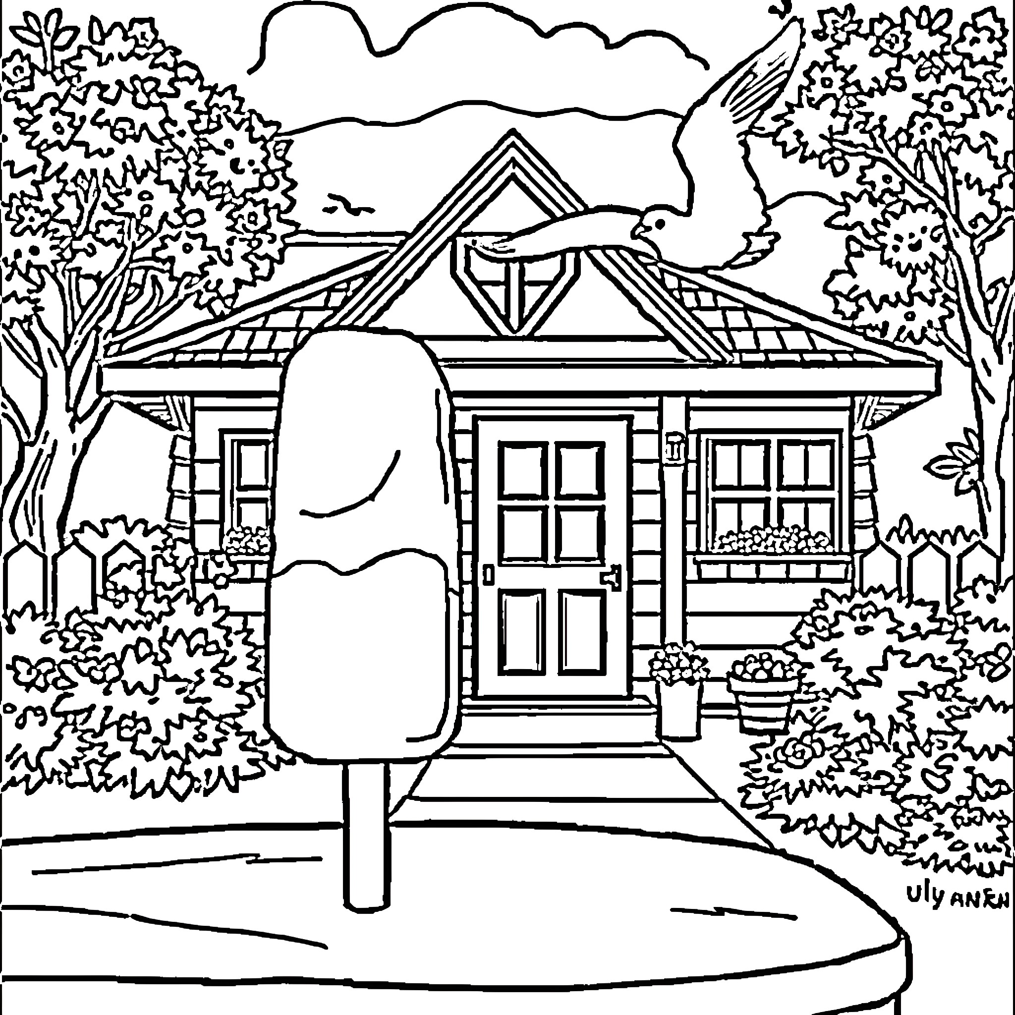 Ice Lolly in Front of Cozy Cottage Coloring Page (free black-and-white line drawing printable PDF for all, from beginners to advanced learners, including children, teens, adults, and seniors)