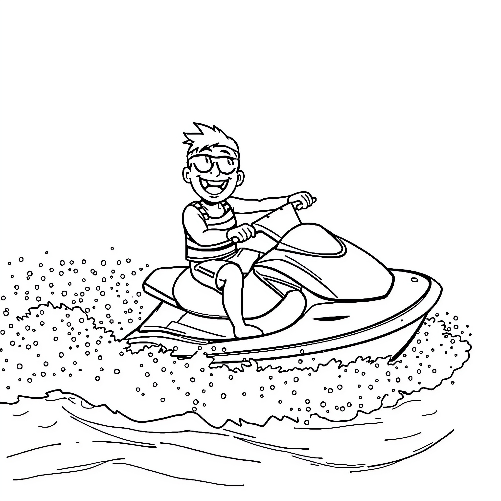 Luky Luuk riding a jet ski on the waves Coloring Page (free black-and-white line drawing printable PDF for all, from beginners to advanced learners, including children, teens, adults, and seniors)