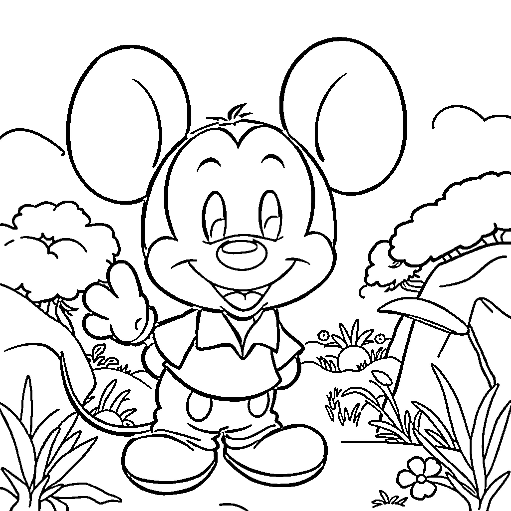 Mickey Mouse enjoying nature in the outdoors Coloring Page (free black-and-white line drawing printable PDF for all, from beginners to advanced learners, including children, teens, adults, and seniors)