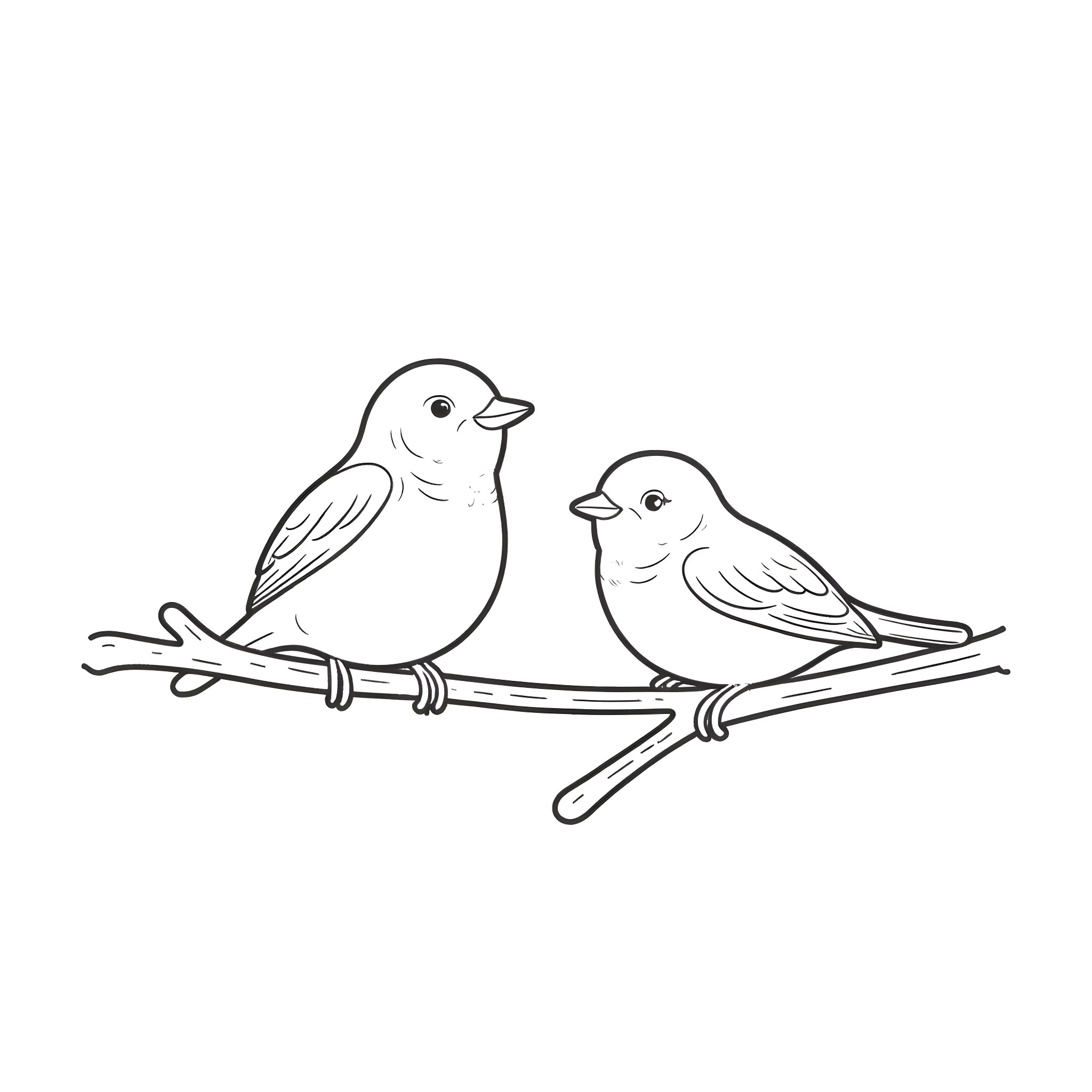 Tit Two little birds perching on branch Coloring Page (free black-and-white line drawing printable PDF for all, from beginners to advanced learners, including children, teens, adults, and seniors)