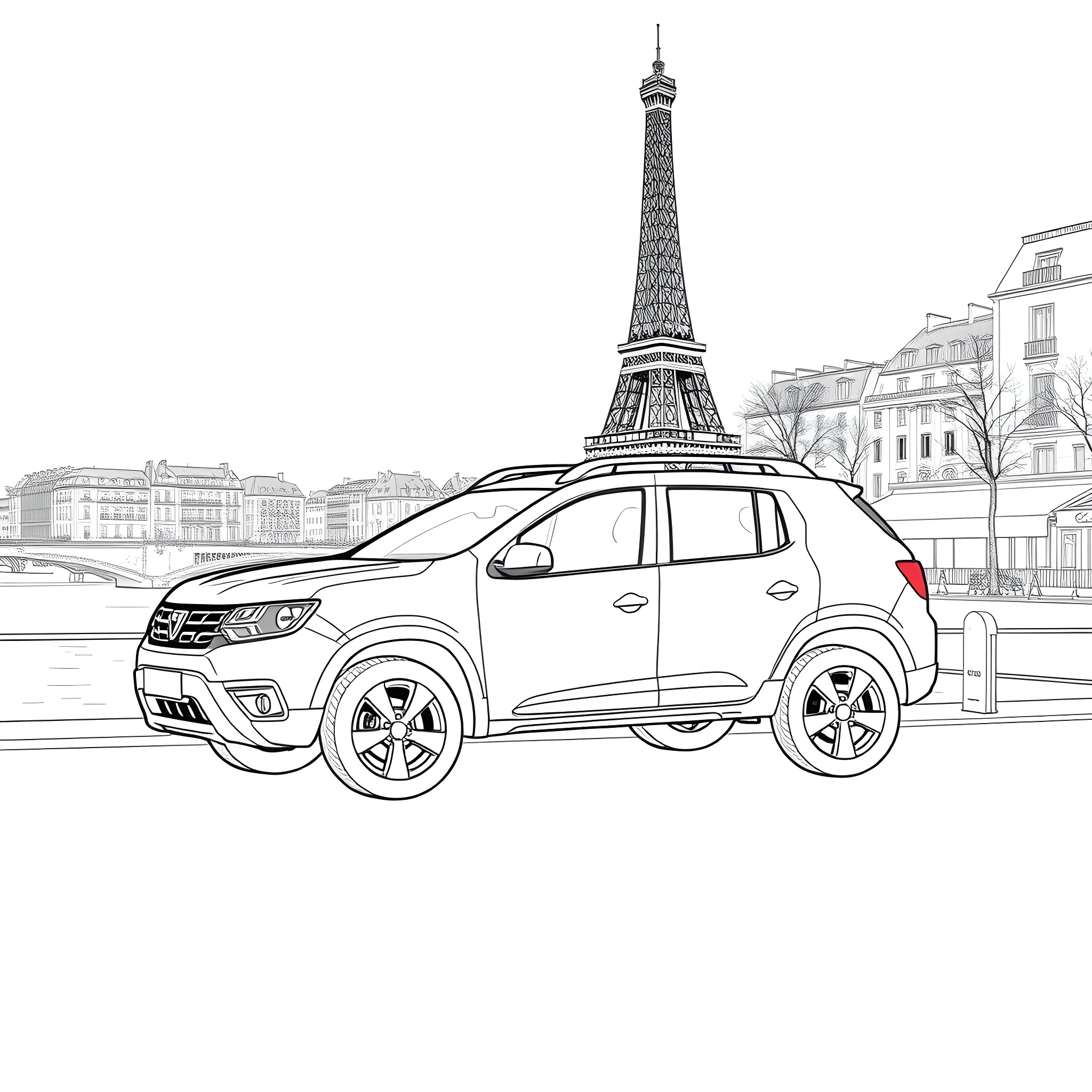 Dacia SUV in front of Eiffel Tower Coloring Page (free black-and-white line drawing printable PDF for all, from beginners to advanced learners, including children, teens, adults, and seniors)