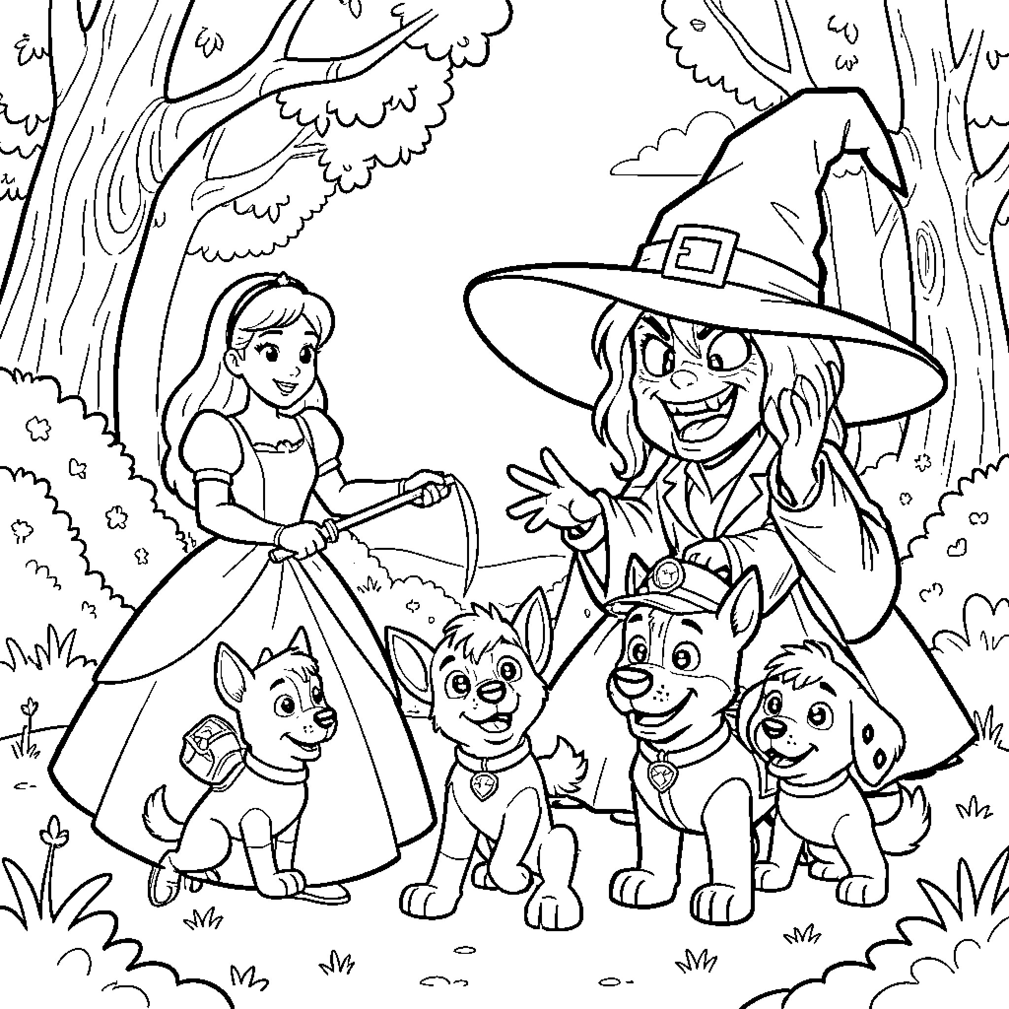 Snow White confronting a witch with forest animals Coloring Page (free black-and-white line drawing printable PDF for all, from beginners to advanced learners, including children, teens, adults, and seniors)