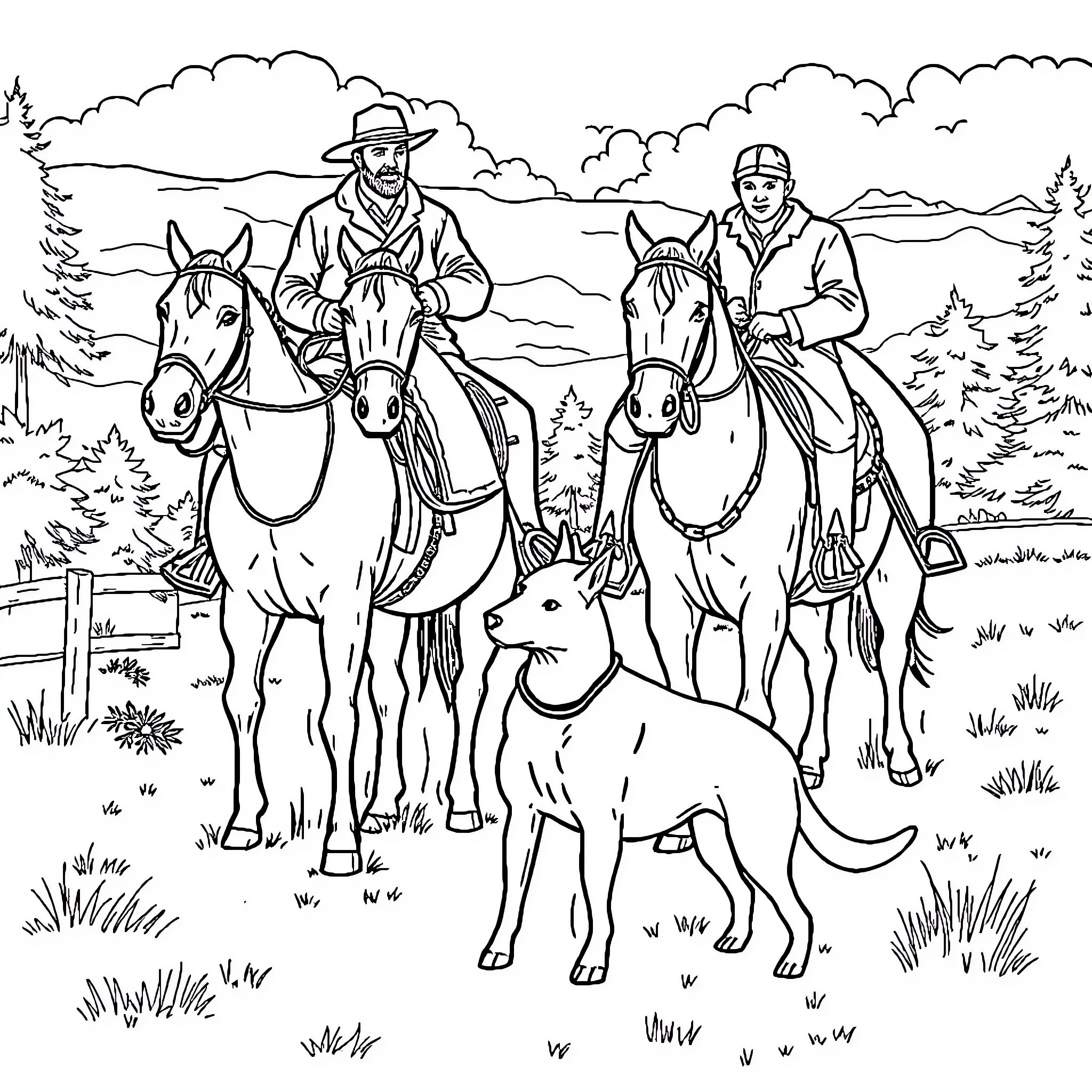Man and Woman Riding Horses Through Scenic Countryside Coloring Page (free black-and-white line drawing printable PDF for all, from beginners to advanced learners, including children, teens, adults, and seniors)