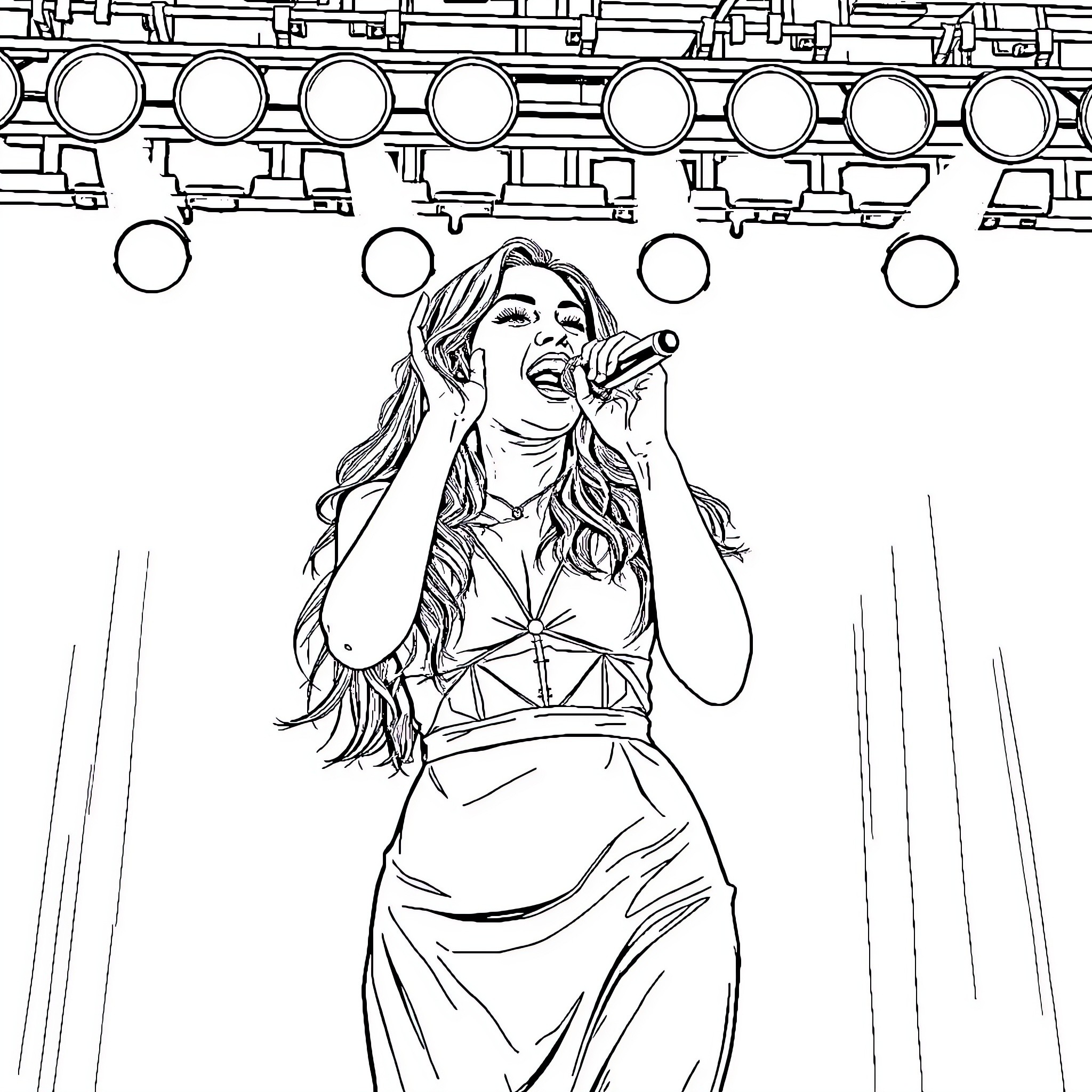 Dua Lipa performing on stage with energy and passion Coloring Page (free black-and-white line drawing printable PDF for all, from beginners to advanced learners, including children, teens, adults, and seniors)