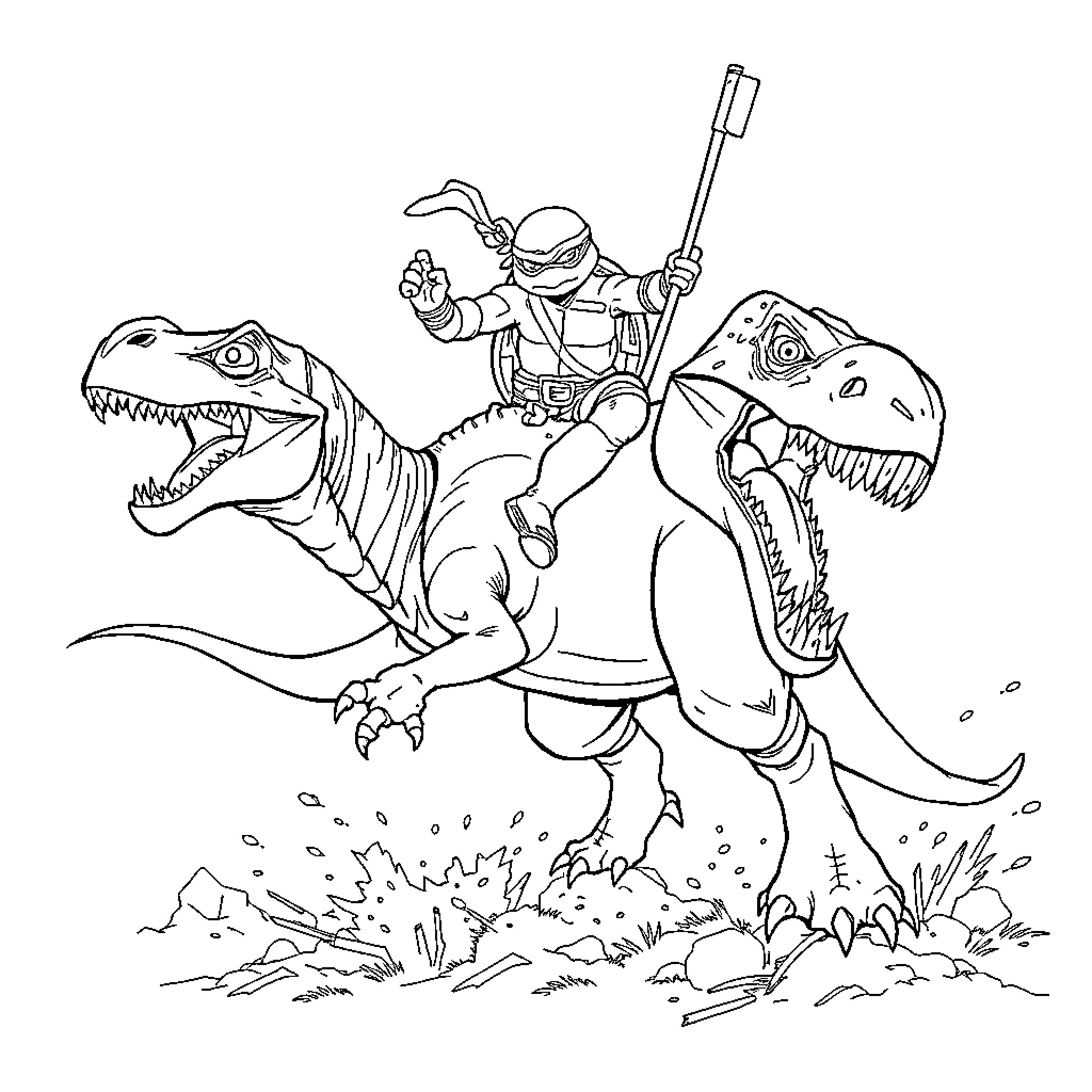 Leonardo's Dinosaur Adventure Coloring Page (free black-and-white line drawing printable PDF for all, from beginners to advanced learners, including children, teens, adults, and seniors)