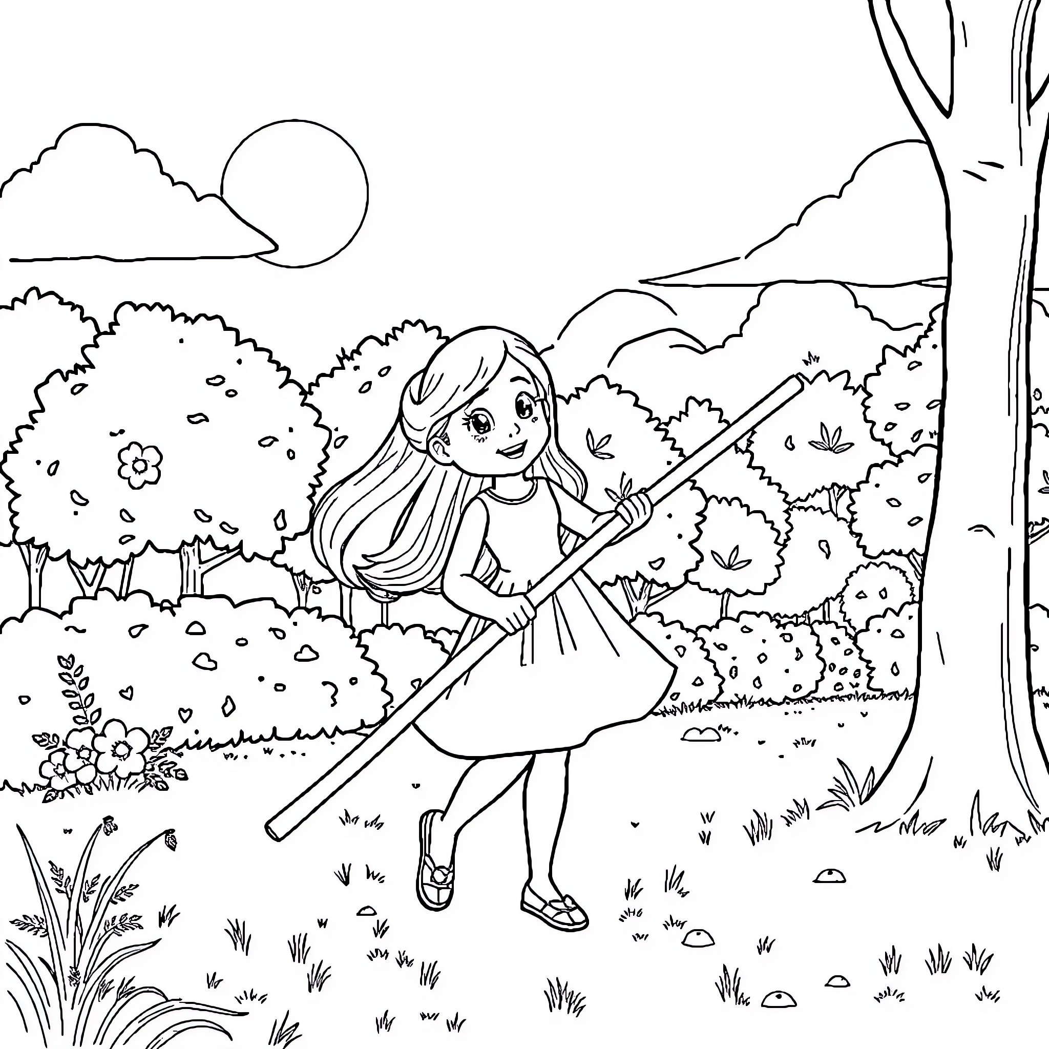 Angela White enjoying a nature walk in the park Coloring Page (free black-and-white line drawing printable PDF for all, from beginners to advanced learners, including children, teens, adults, and seniors)