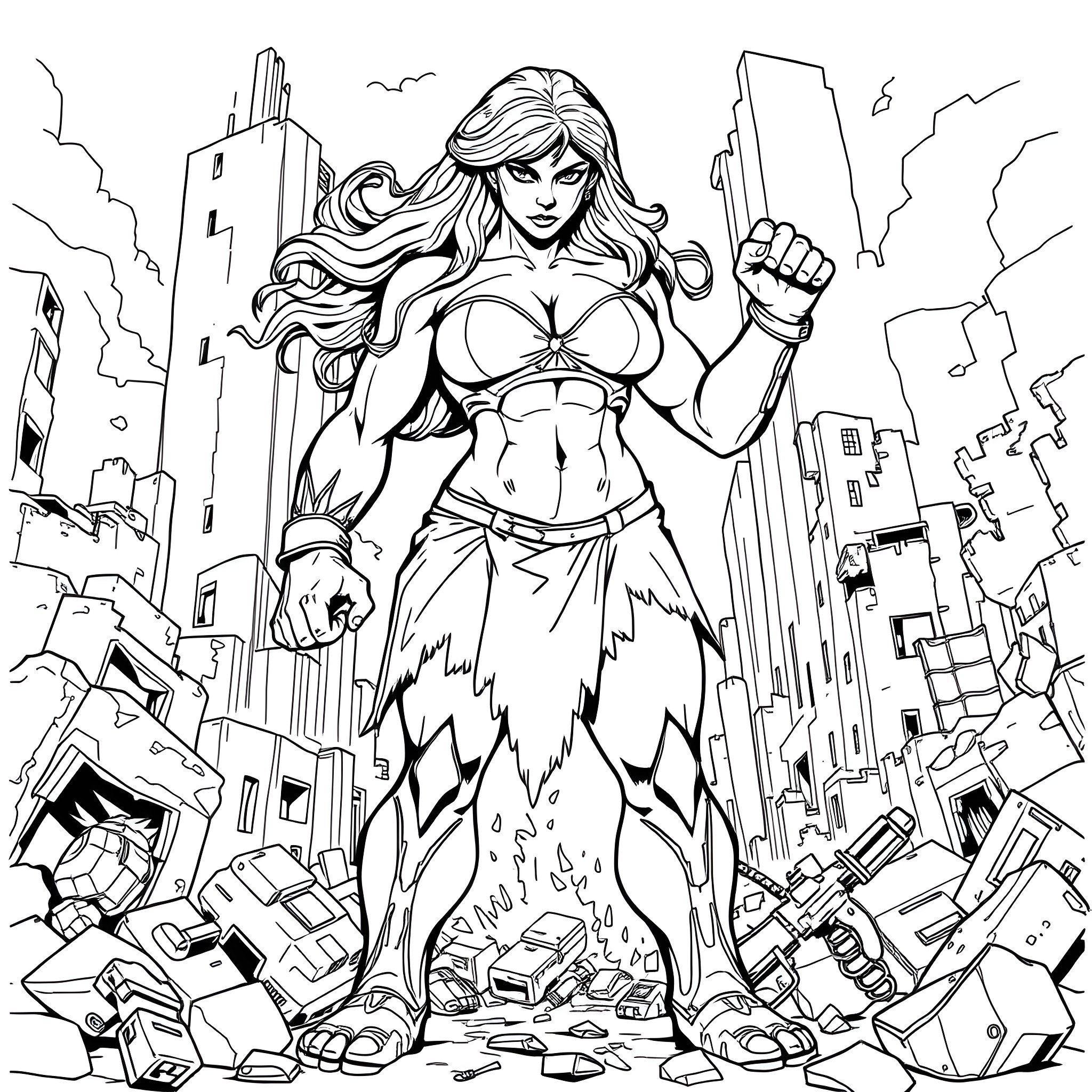 She-Hulk Smashing Through the City Coloring Page (free black-and-white line drawing printable PDF for all, from beginners to advanced learners, including children, teens, adults, and seniors)