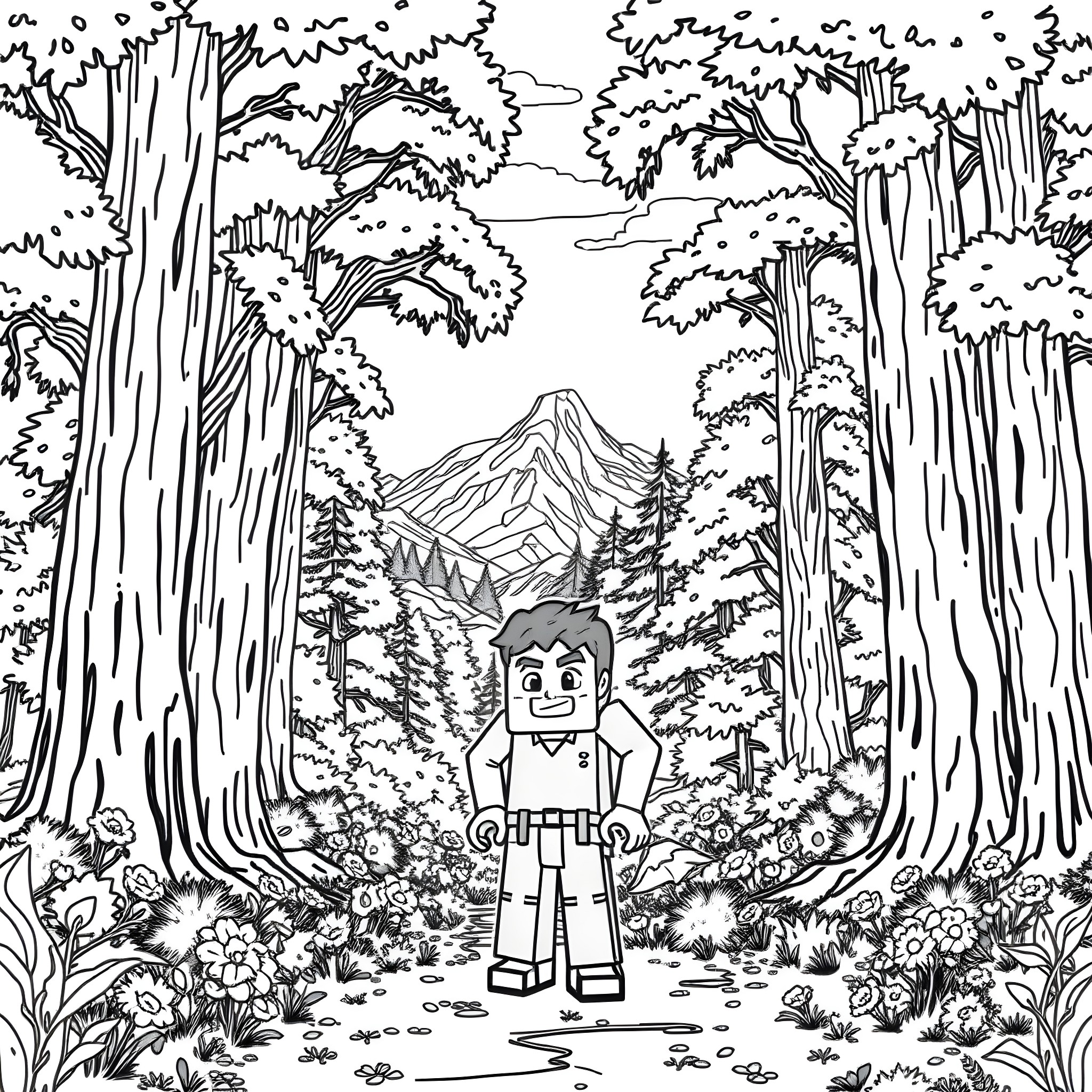 Steve's Adventurous Hike in the Enchanted Forest Coloring Page (free black-and-white line drawing printable PDF for all, from beginners to advanced learners, including children, teens, adults, and seniors)