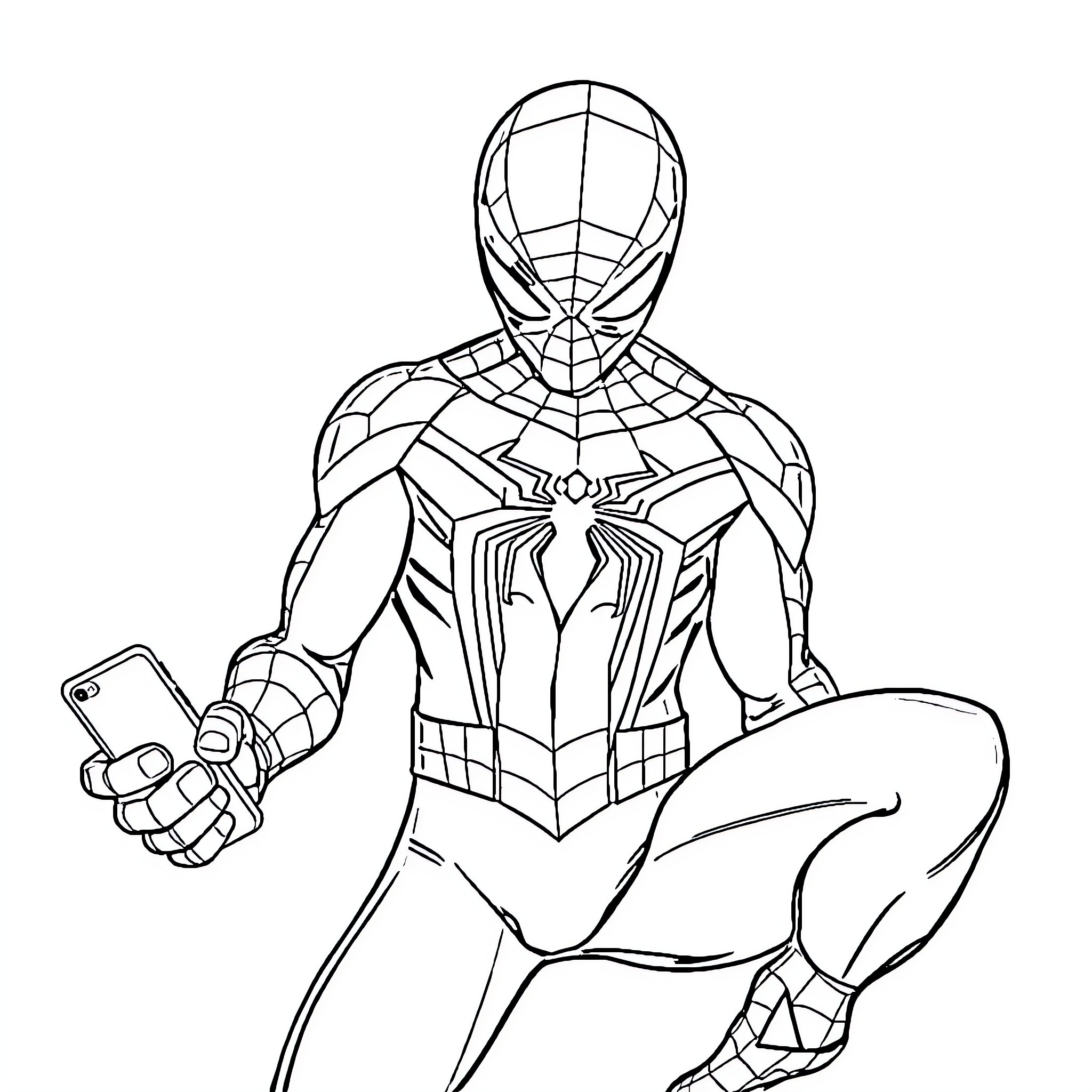 Spiderman in action-packed pose with web-shooter Coloring Page (free black-and-white line drawing printable PDF for all, from beginners to advanced learners, including children, teens, adults, and seniors)