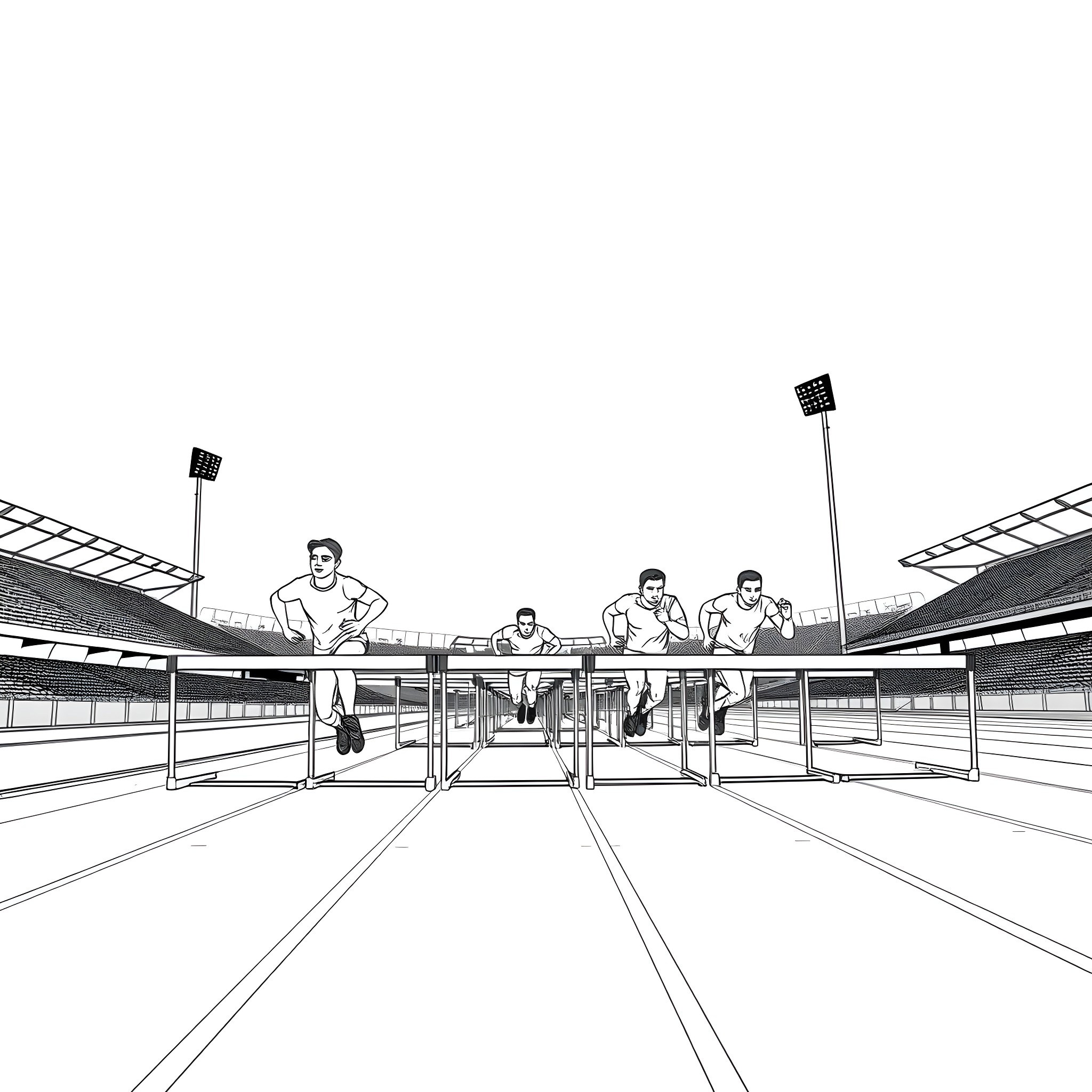 Hurdle race in a stadium with athletes Coloring Page (free black-and-white line drawing printable PDF for all, from beginners to advanced learners, including children, teens, adults, and seniors)