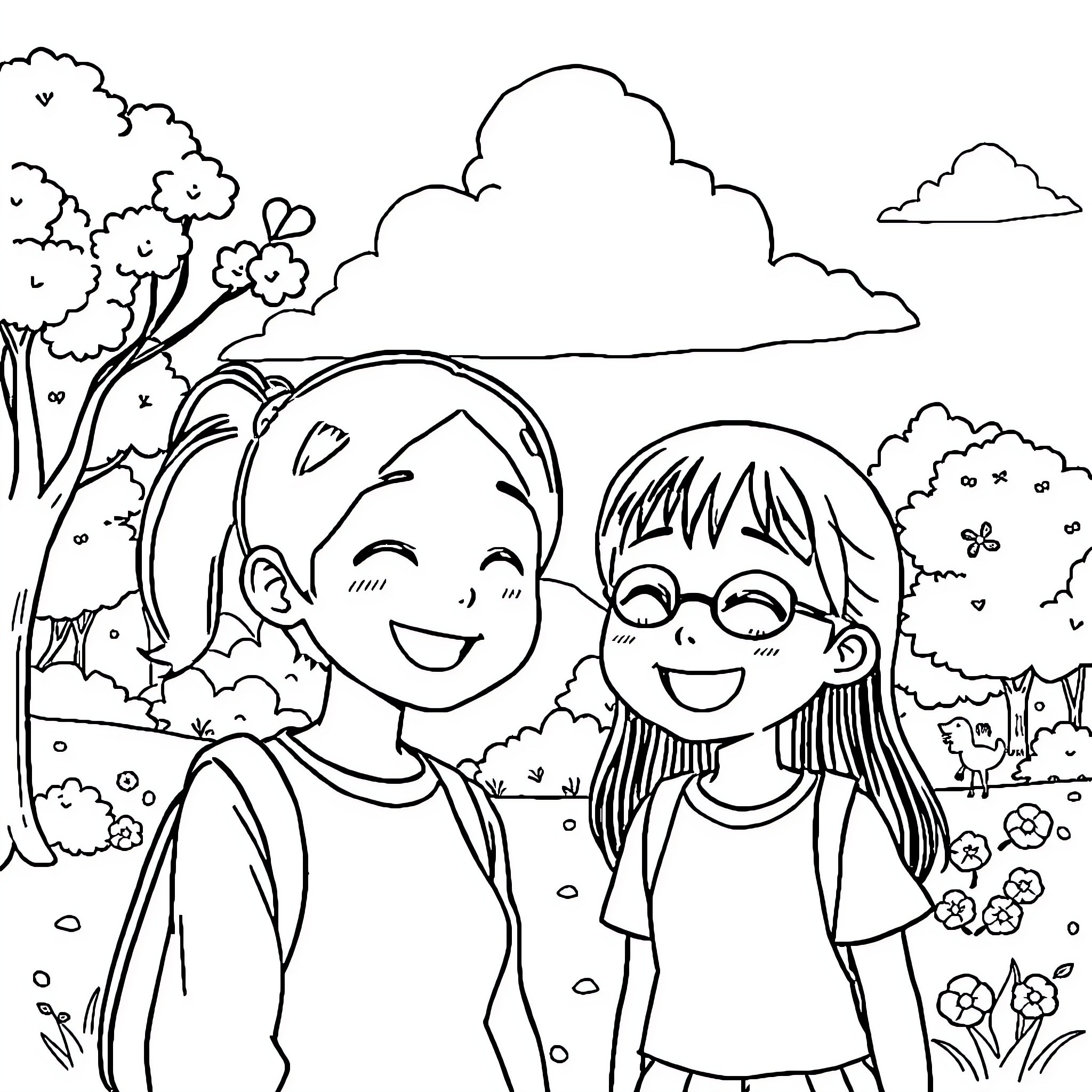 Shizuka and her friend explore the outdoor garden Coloring Page (free black-and-white line drawing printable PDF for all, from beginners to advanced learners, including children, teens, adults, and seniors)