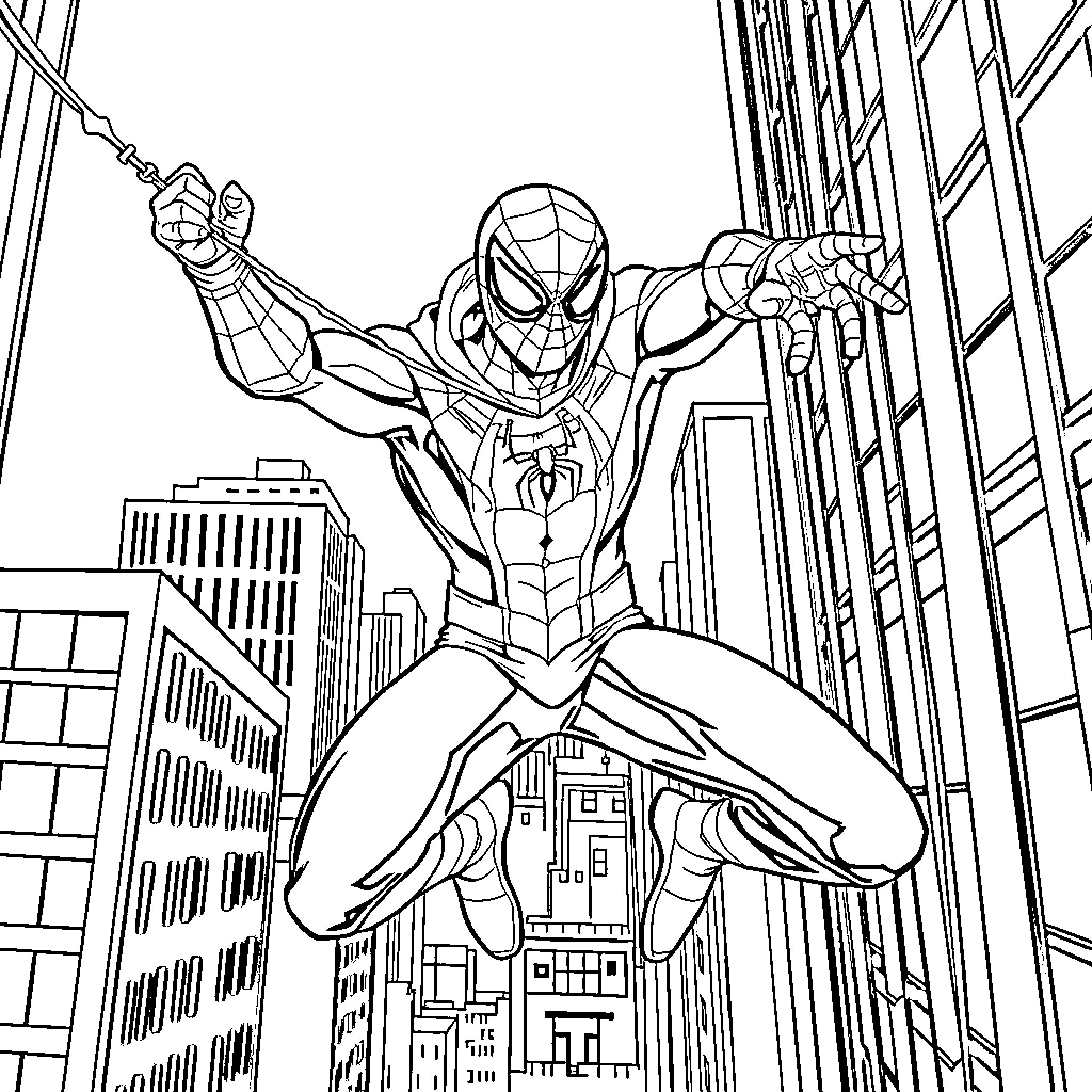 Spiderman swinging through the city skyline Coloring Page (free black-and-white line drawing printable PDF for all, from beginners to advanced learners, including children, teens, adults, and seniors)