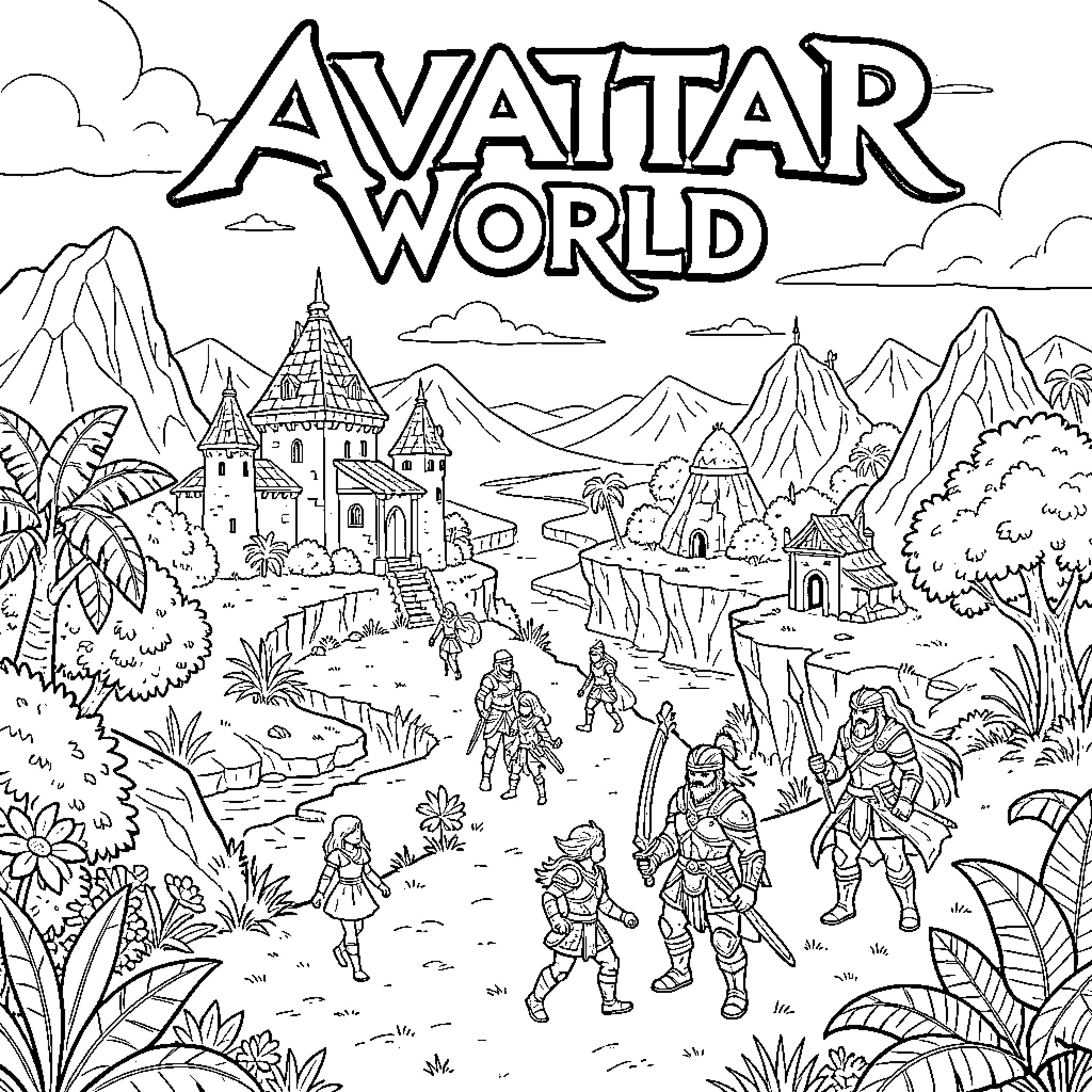 Avatar characters exploring a landscape with mountains and castles Coloring Page (free black-and-white line drawing printable PDF for all, from beginners to advanced learners, including children, teens, adults, and seniors)