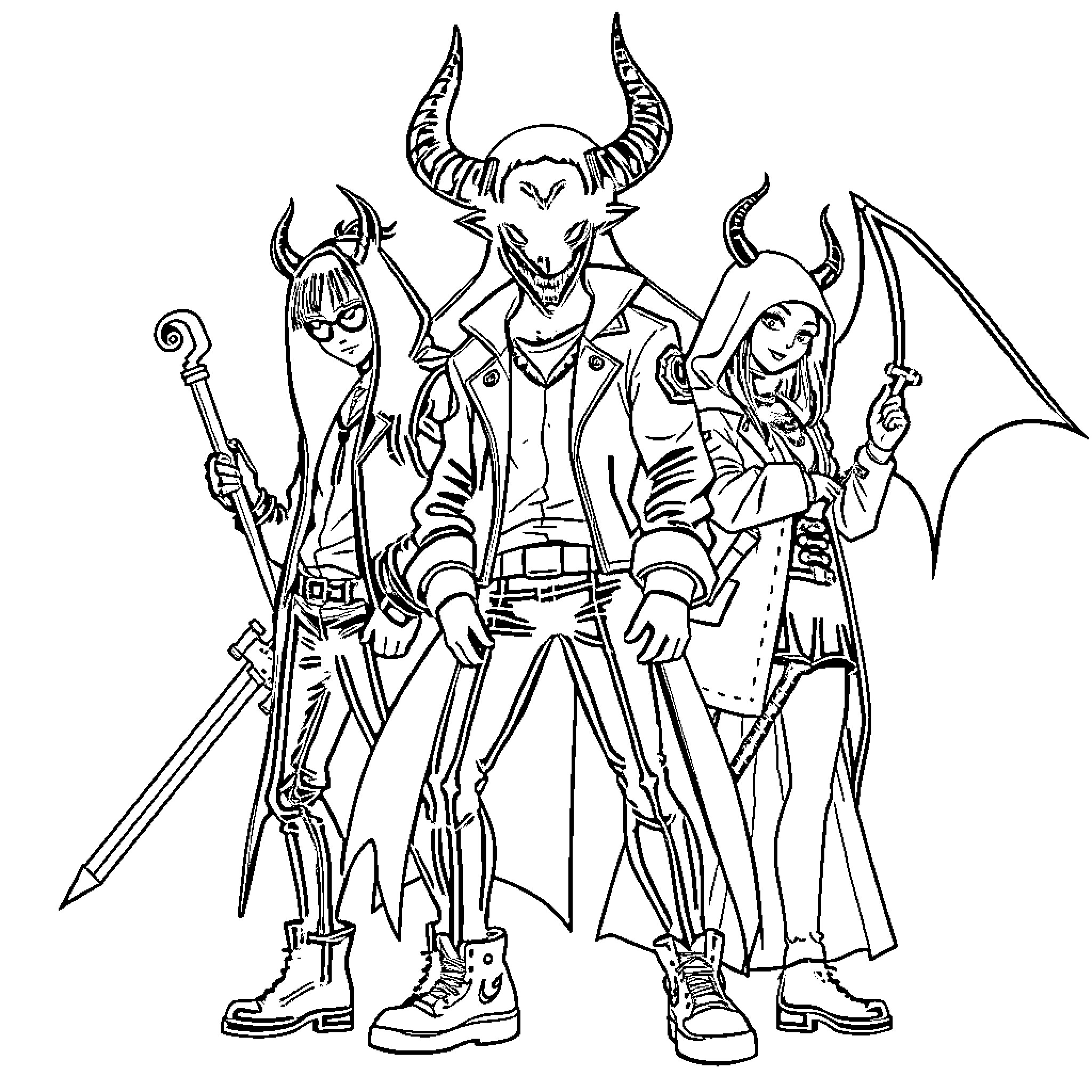 Demon Hunters in Fierce Battle Attire Coloring Page (free black-and-white line drawing printable PDF for all, from beginners to advanced learners, including children, teens, adults, and seniors)