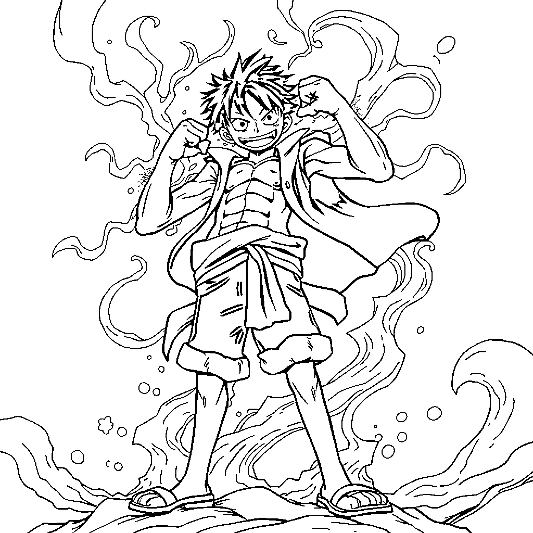 Luffy's Fiery Adventure Coloring Page (free black-and-white line drawing printable PDF for all, from beginners to advanced learners, including children, teens, adults, and seniors)