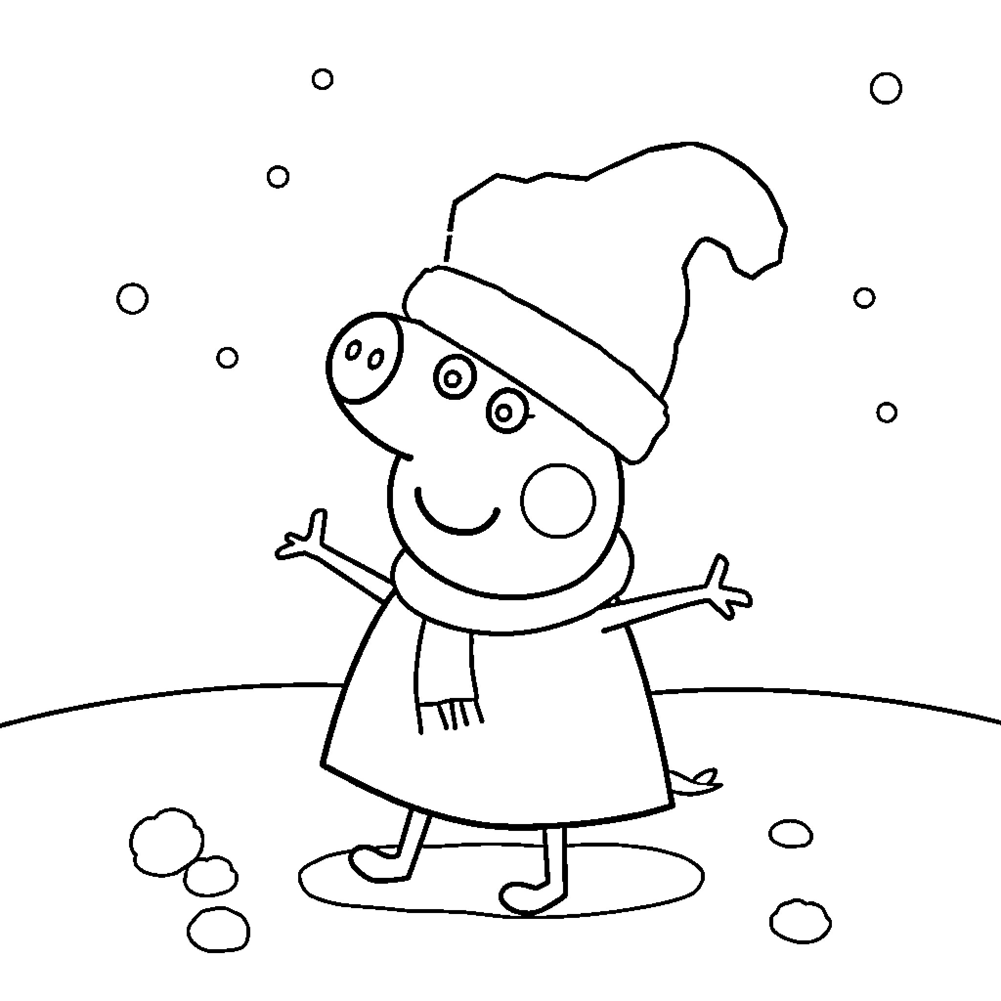 Peppa Pig playing in the snow Coloring Page (free black-and-white line drawing printable PDF for all, from beginners to advanced learners, including children, teens, adults, and seniors)