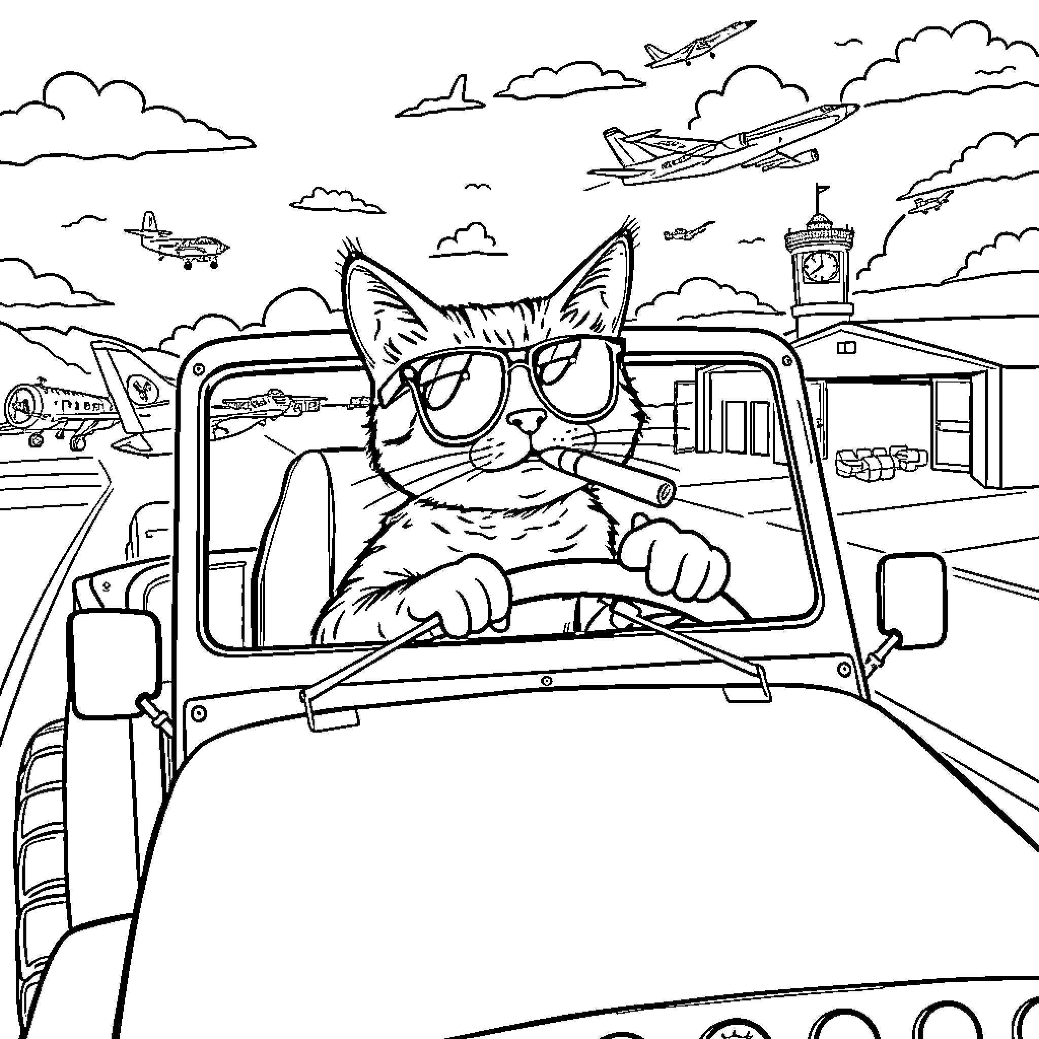 Tabby Cat driving a car at the airport Coloring Page (free black-and-white line drawing printable PDF for all, from beginners to advanced learners, including children, teens, adults, and seniors)