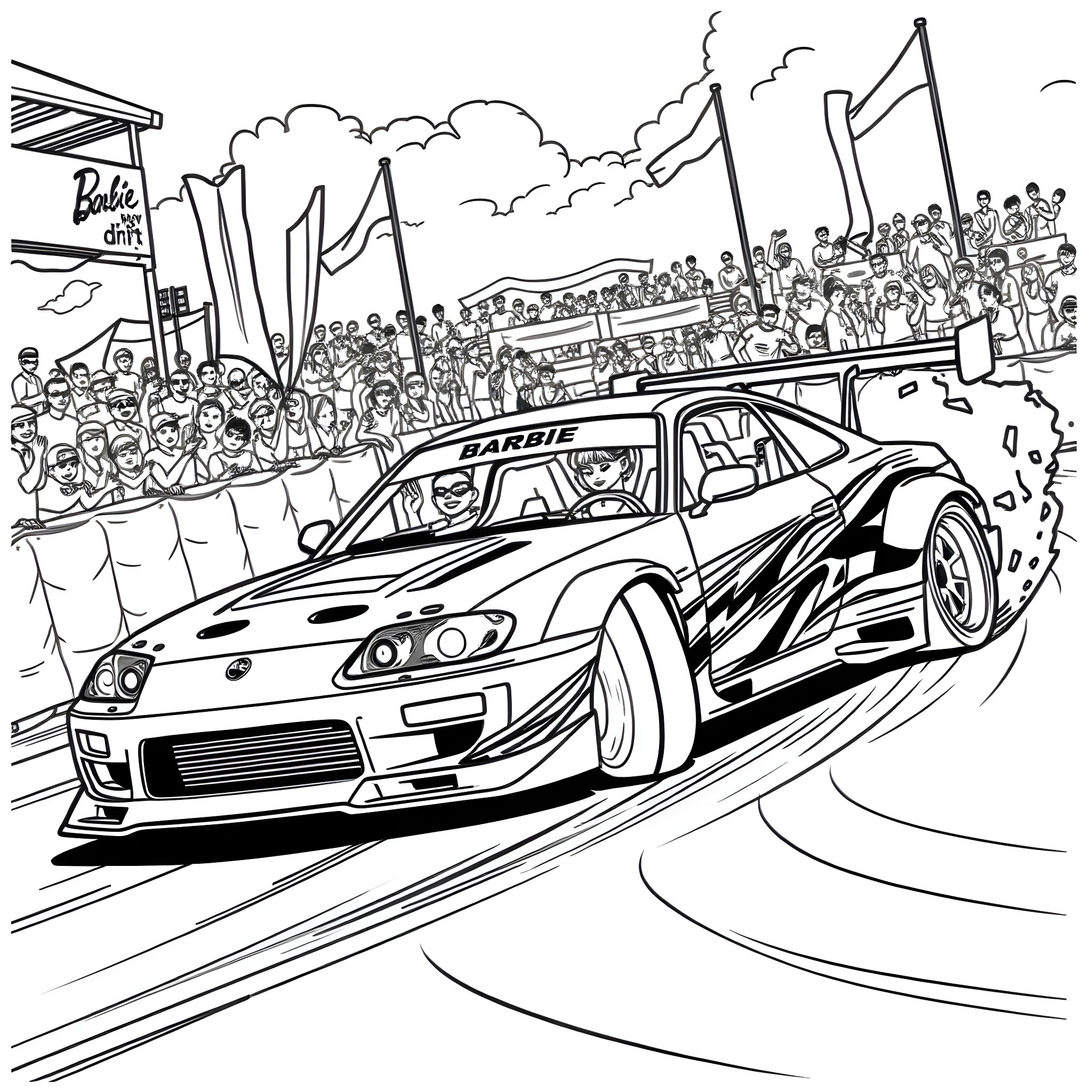 Barbie's Thrilling Car Race in the Crowd Coloring Page (free black-and-white line drawing printable PDF for all, from beginners to advanced learners, including children, teens, adults, and seniors)