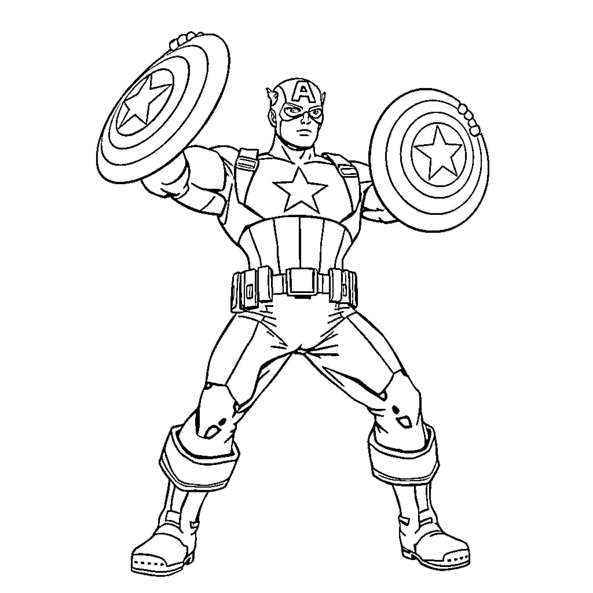 Captain America Wielding Iconic Shields in Heroic Pose Coloring Page (free black-and-white line drawing printable PDF for all, from beginners to advanced learners, including children, teens, adults, and seniors)