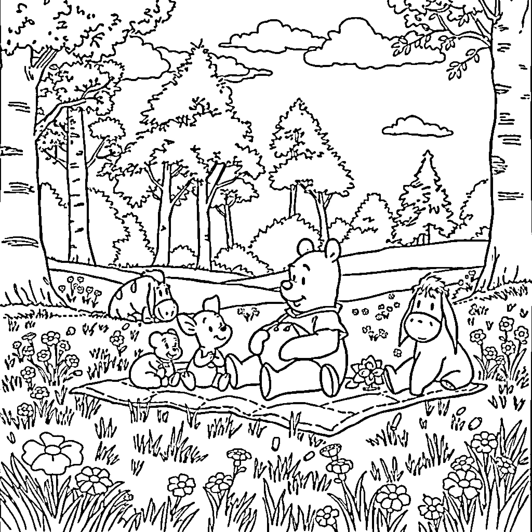Winnie The Pooh and friends enjoying a picnic in the forest Coloring Page (free black-and-white line drawing printable PDF for all, from beginners to advanced learners, including children, teens, adults, and seniors)