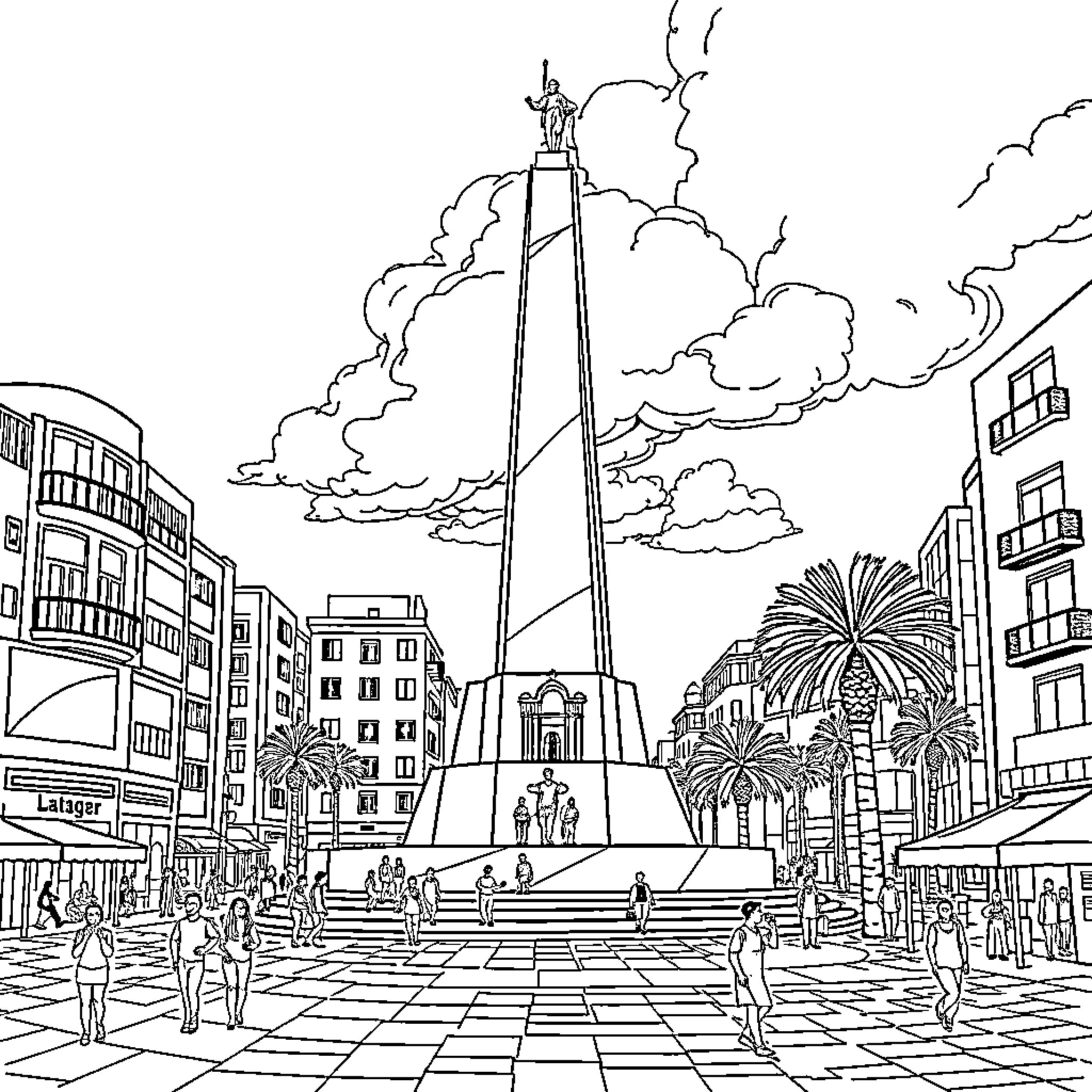 Algiers cityscape with monument and crowds Coloring Page (free black-and-white line drawing printable PDF for all, from beginners to advanced learners, including children, teens, adults, and seniors)
