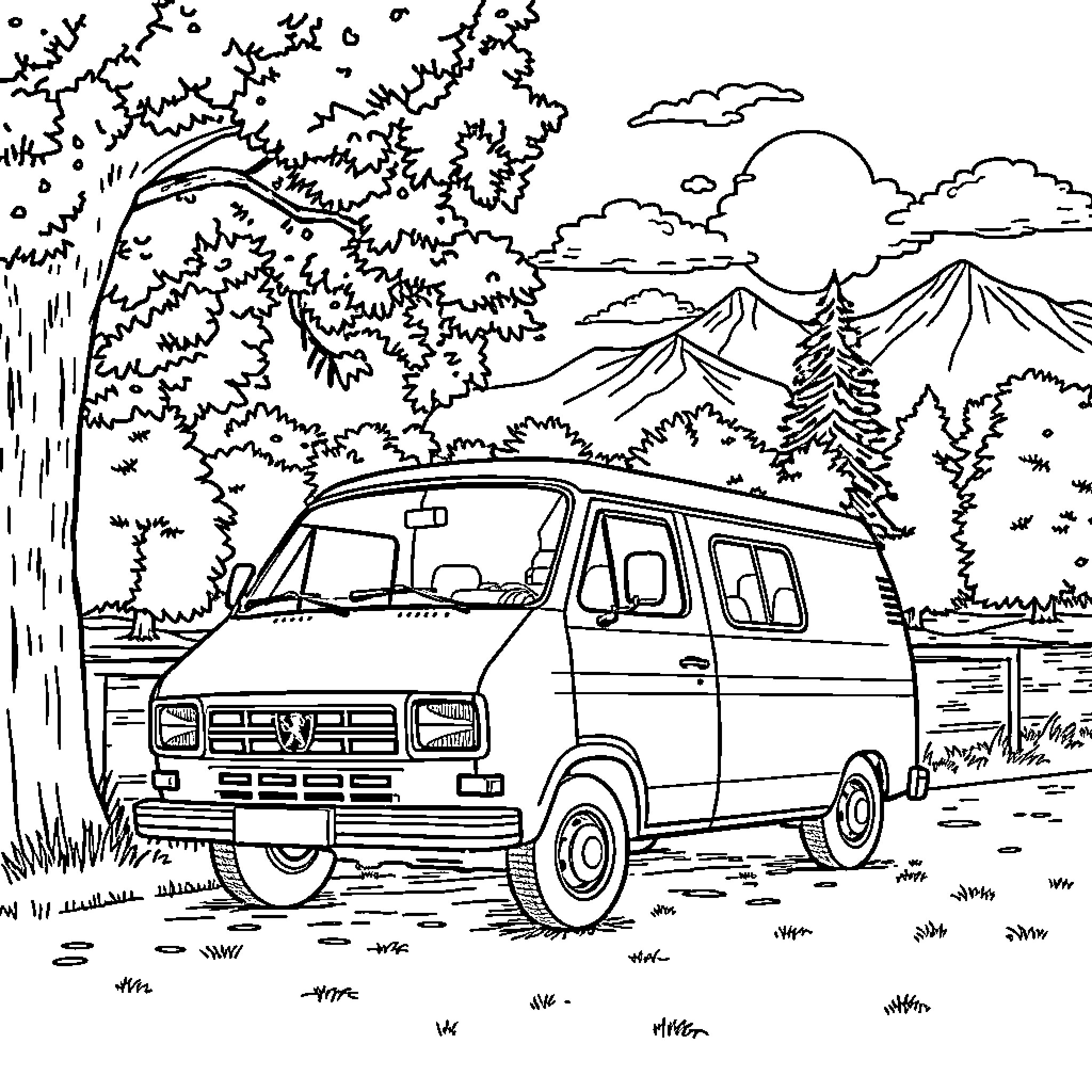 Peugeot van in serene mountain landscape Coloring Page (free black-and-white line drawing printable PDF for all, from beginners to advanced learners, including children, teens, adults, and seniors)