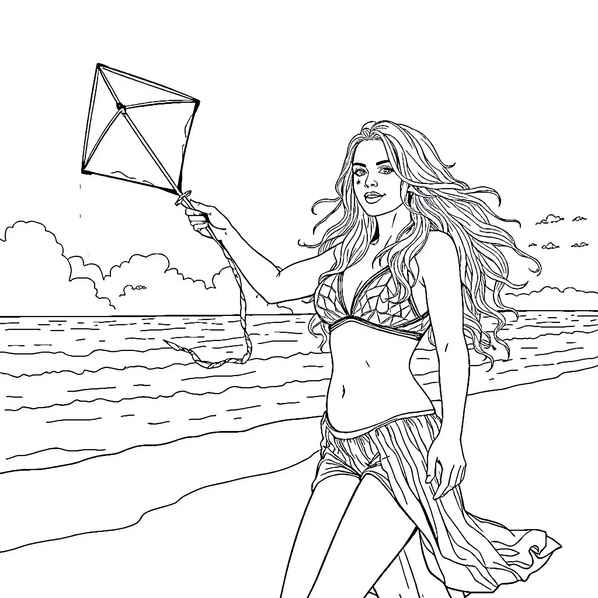 Britney Spears enjoying a sunny beach day with kite Coloring Page (free black-and-white line drawing printable PDF for all, from beginners to advanced learners, including children, teens, adults, and seniors)