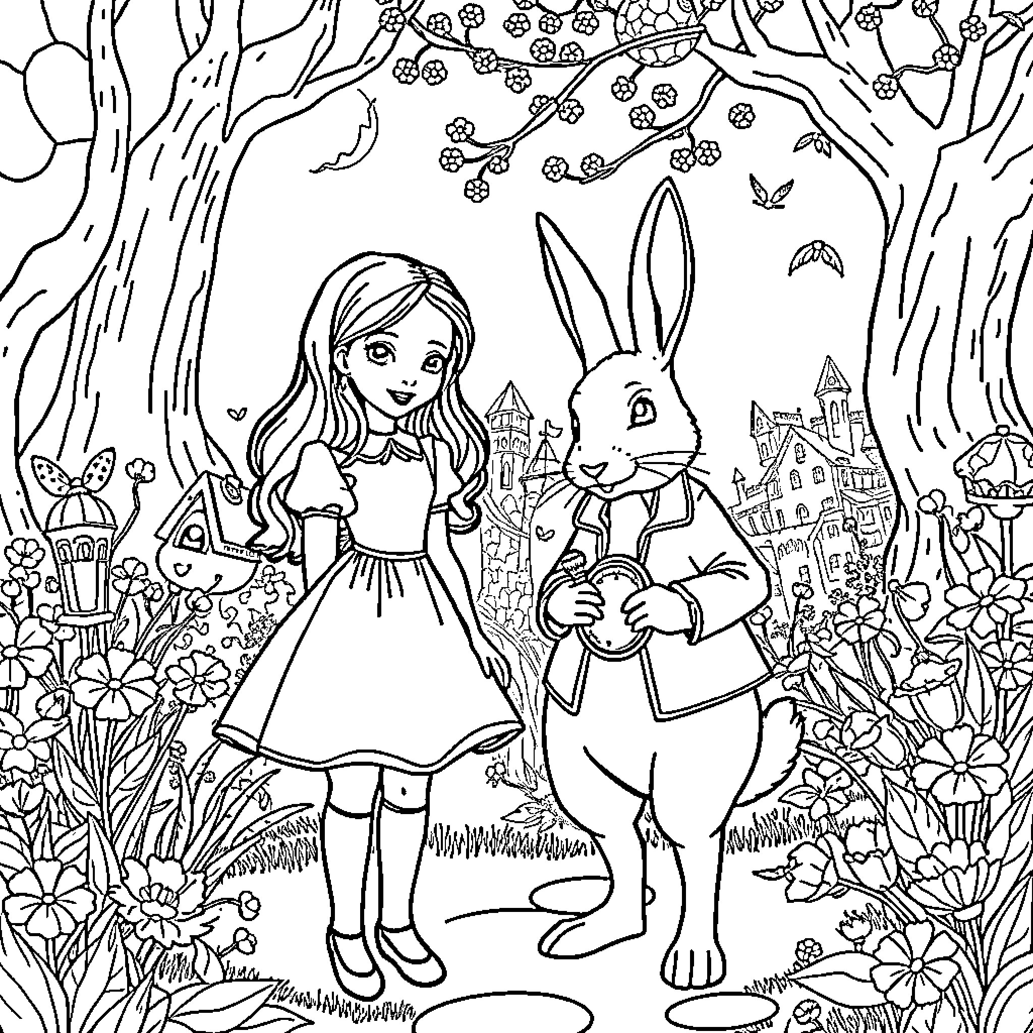 Rabbit and girl exploring whimsical woodland Coloring Page (free black-and-white line drawing printable PDF for all, from beginners to advanced learners, including children, teens, adults, and seniors)