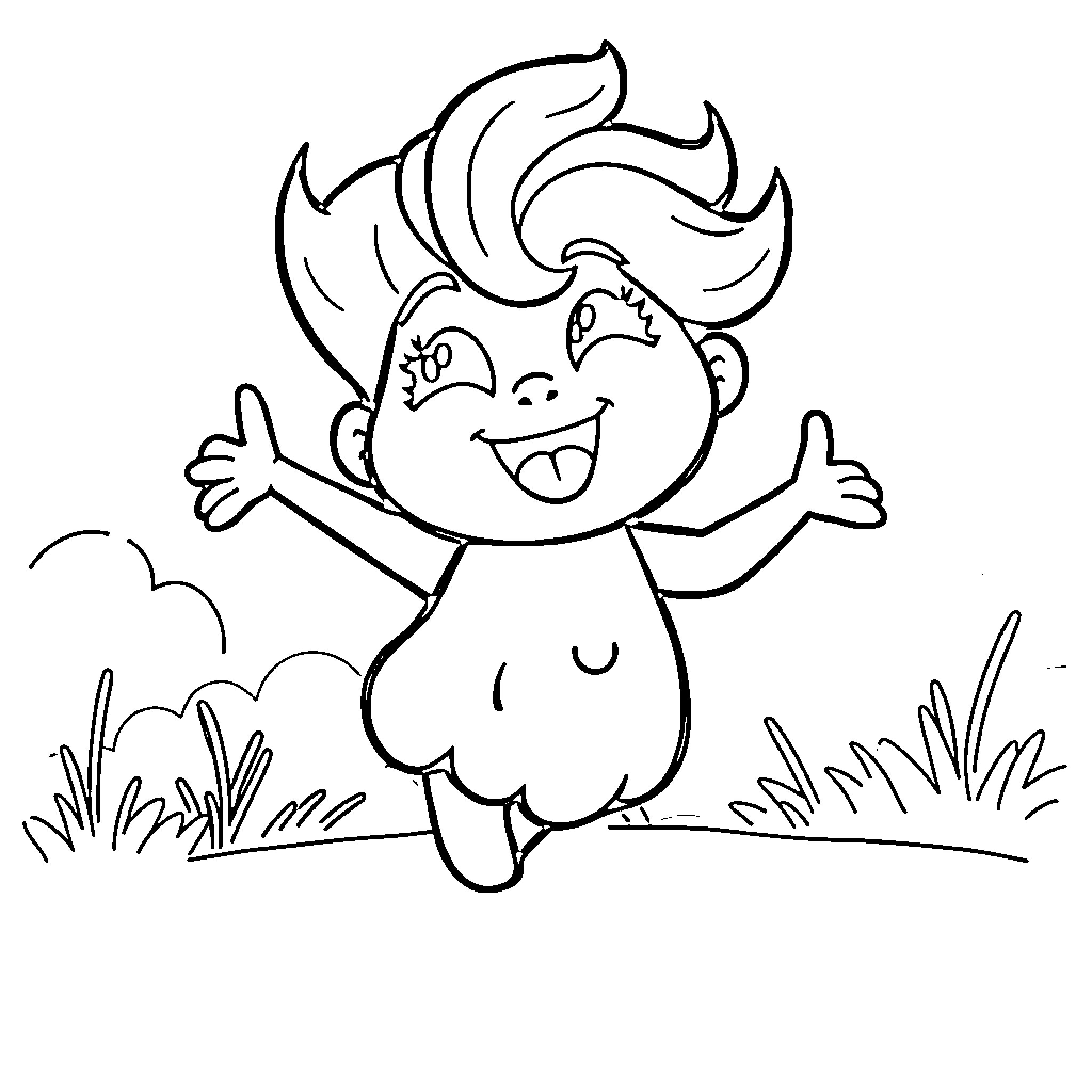 Pink Fong character jumping joyfully in nature Coloring Page (free black-and-white line drawing printable PDF for all, from beginners to advanced learners, including children, teens, adults, and seniors)