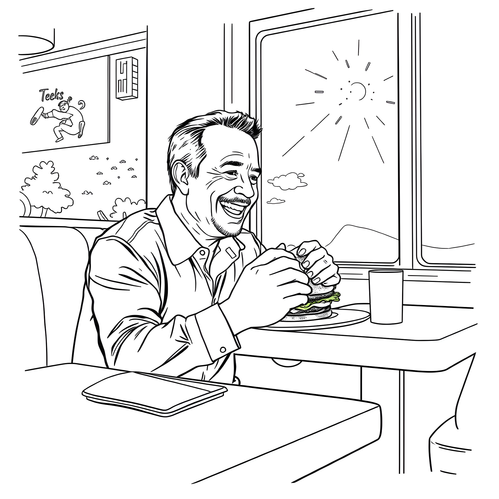 Tom Hanks enjoying a burger by the window Coloring Page (free black-and-white line drawing printable PDF for all, from beginners to advanced learners, including children, teens, adults, and seniors)