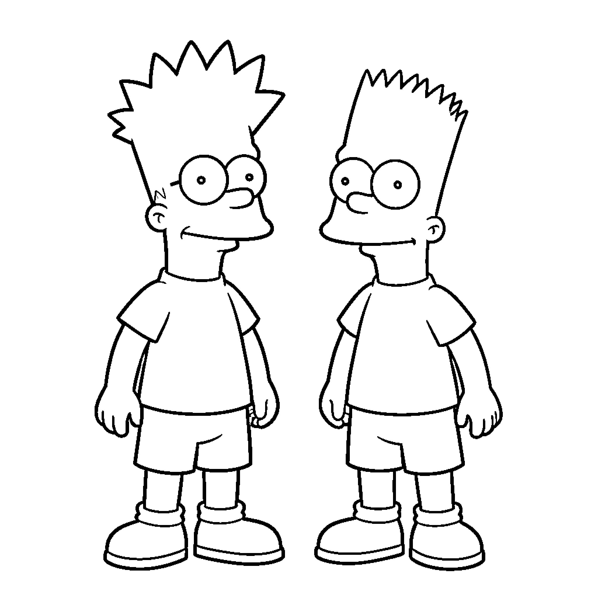 Bart Simpson and Bart Simpson in casual attire Coloring Page (free black-and-white line drawing printable PDF for all, from beginners to advanced learners, including children, teens, adults, and seniors)