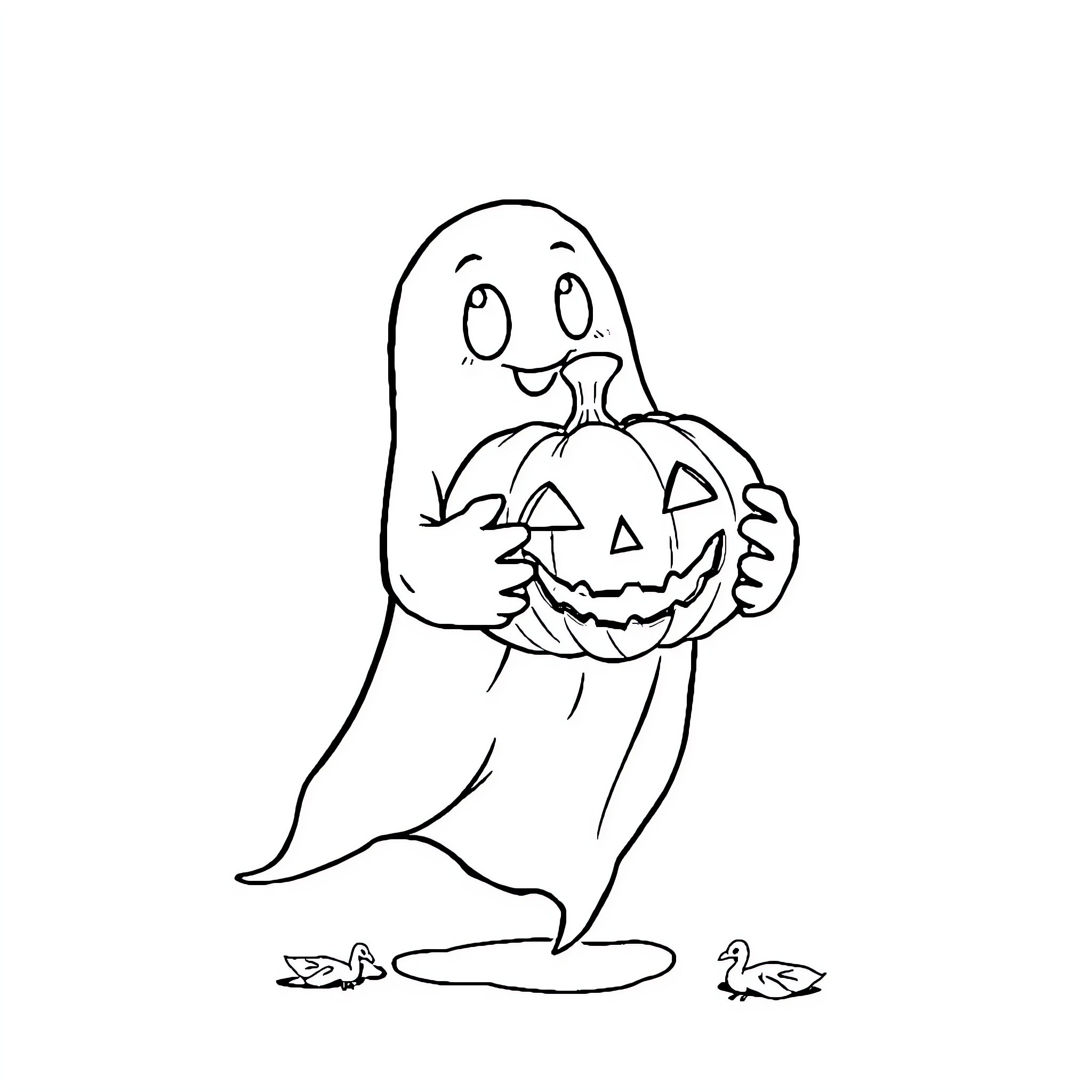 Ghost carrying a Jack-o'-lantern on Halloween Coloring Page (free black-and-white line drawing printable PDF for all, from beginners to advanced learners, including children, teens, adults, and seniors)