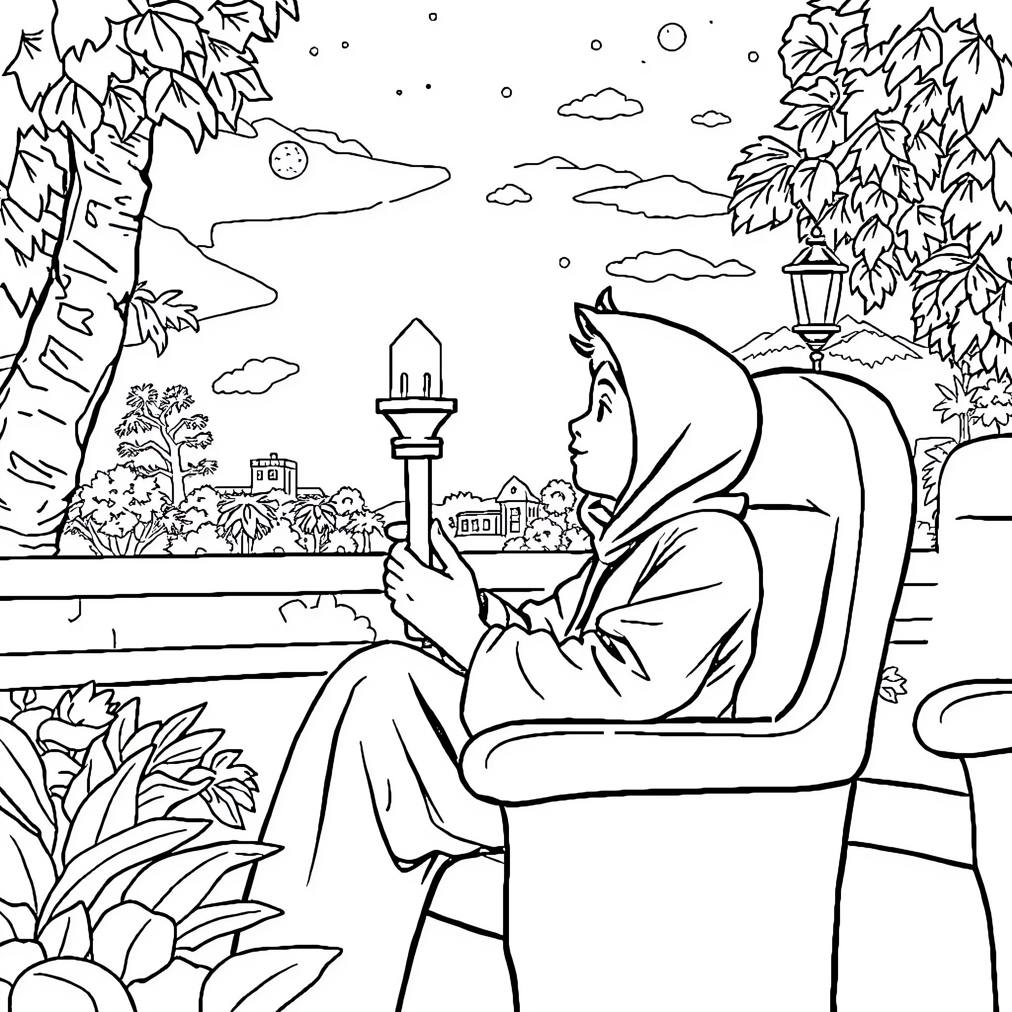 Pemuda enjoying solitude in a tranquil garden Coloring Page (free black-and-white line drawing printable PDF for all, from beginners to advanced learners, including children, teens, adults, and seniors)